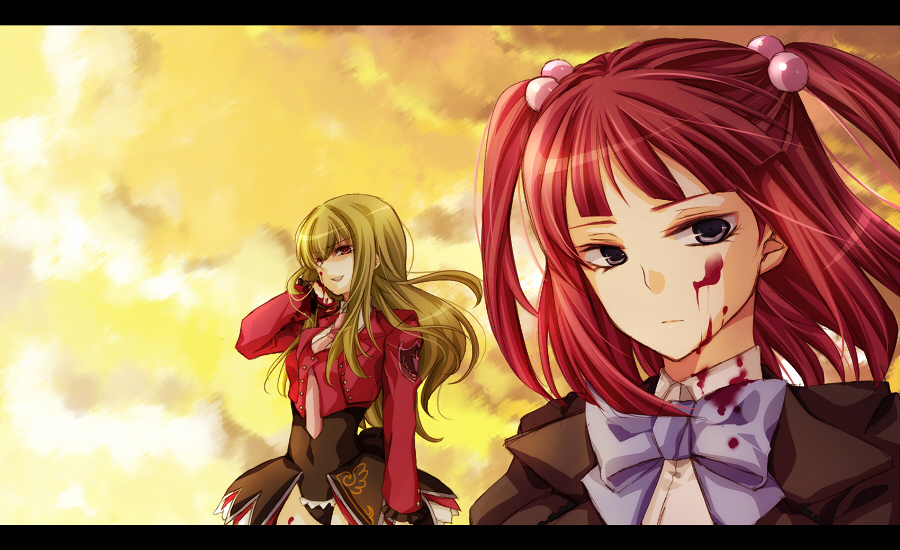 otsuo, mammon (umineko), stakes of purgatory, ushiromiya ange, umineko no naku koro ni, bad id, bad pixiv id, 00s, 2girls, blonde hair, blood, blue eyes, hair bobbles, hair ornament, letterboxed, multiple girls, necktie, pink necktie, red hair, smile, thighhighs