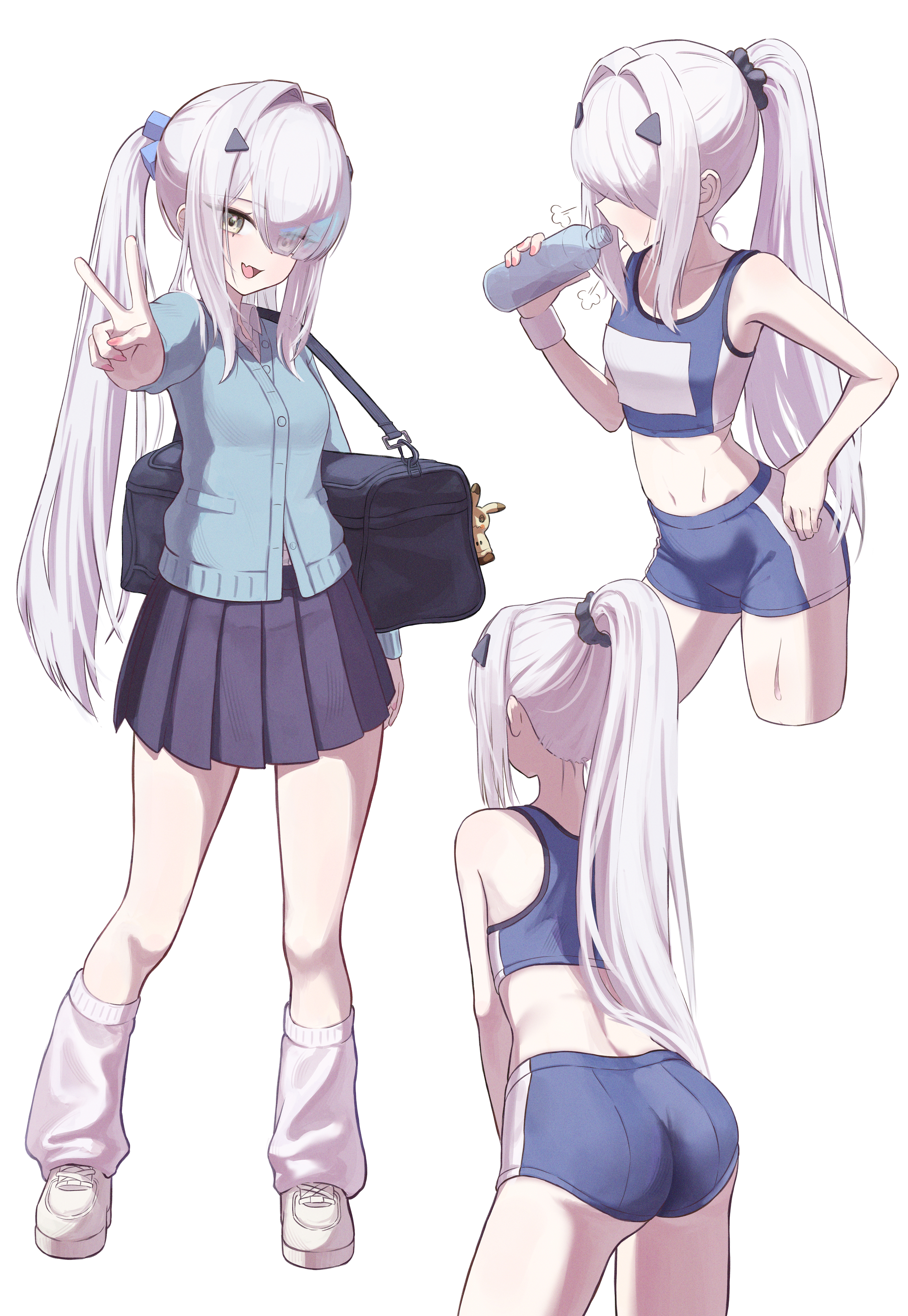 hanaet, melusine (fate), fate/grand order, fate (series), absurdres, commentary request, highres, korean commentary, 1girl, ass, back, bare shoulders, blush, breasts, forked eyebrows, long hair, long sleeves, looking at viewer, multiple views, navel, open mouth, ponytail, sidelocks, small breasts, smile, thighs, twintails, white hair, yellow eyes