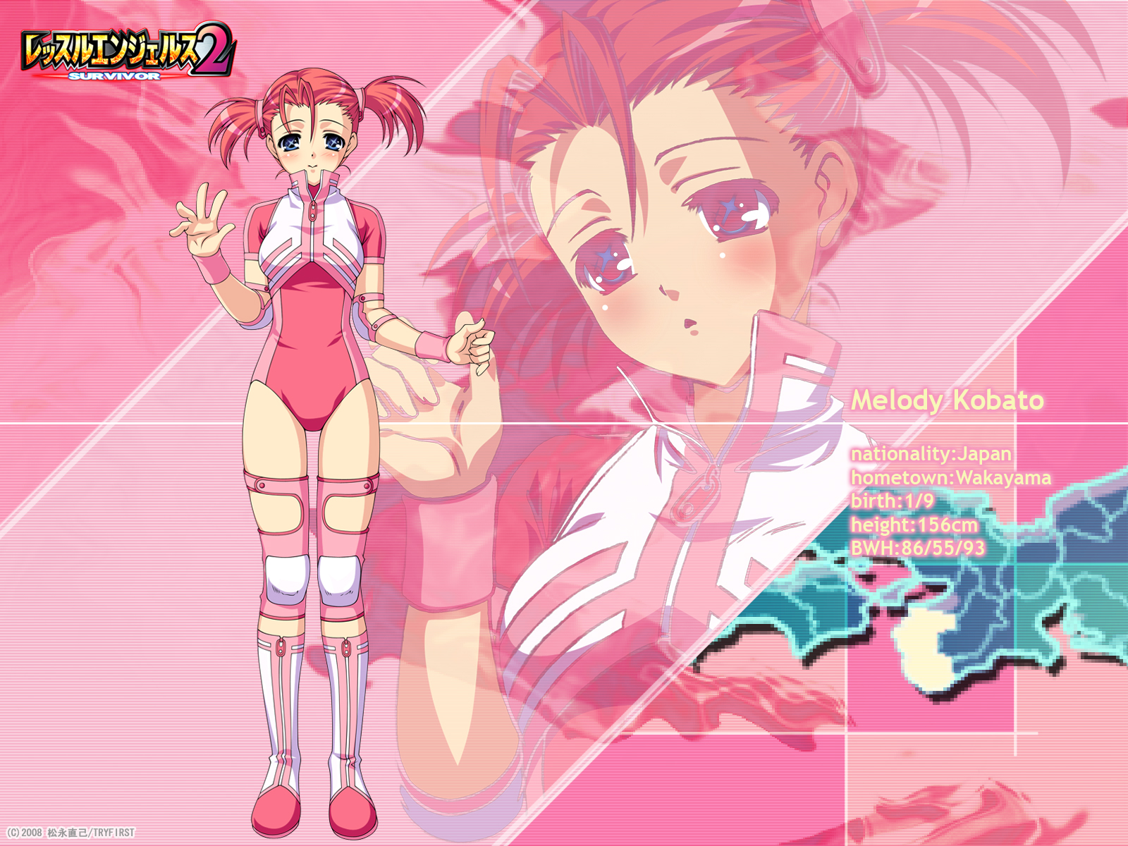 kobato melody, wrestle angels, wrestle angels survivor, wrestle angels survivor 2, highres, 1girl, blue eyes, blush, boots, knee pads, leotard, pink hair, red leotard, short twintails, smile, twintails, waving, wrestling outfit