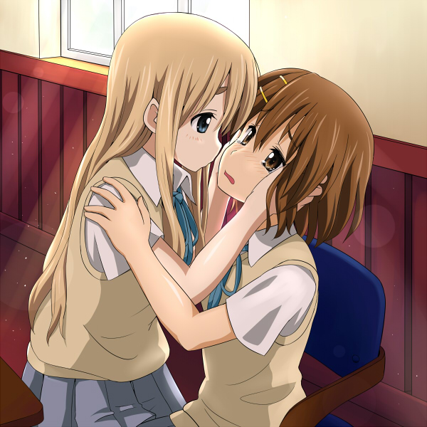 mountain pukuichi, hirasawa yui, kotobuki tsumugi, k-on!, eyebrows, 00s, 2girls, blonde hair, blue eyes, blush, brown eyes, brown hair, eye contact, female focus, hair ornament, hairclip, hand on another's face, hands on another's face, hug, imminent kiss, long hair, looking at another, multiple girls, school uniform, short hair, skirt, sunlight, tears, window, yuri