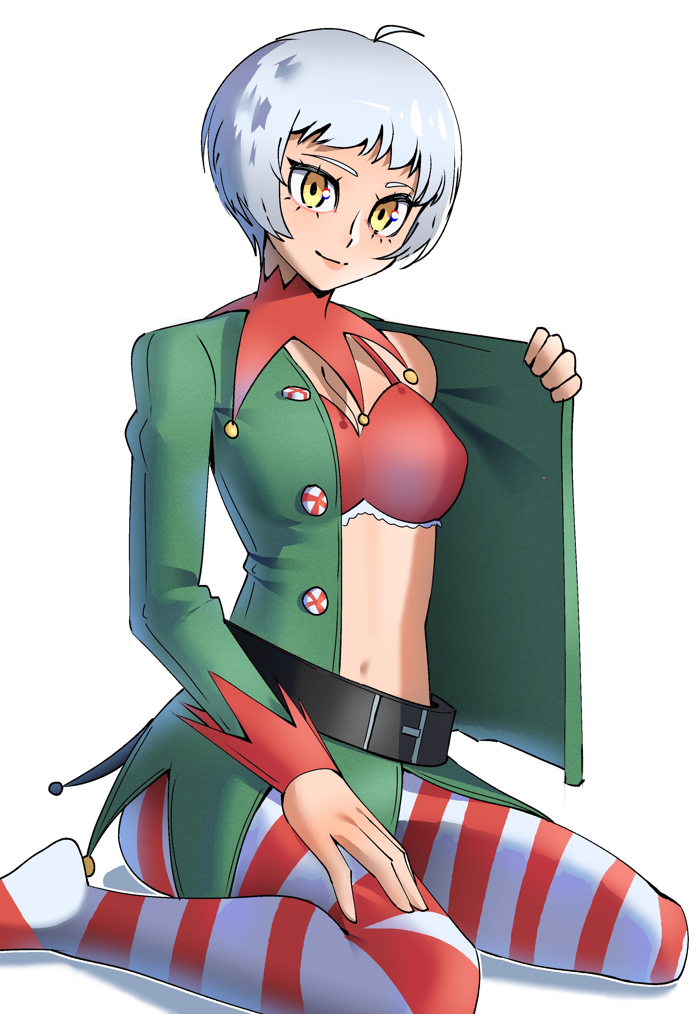 gjh, elizabeth (persona), persona, persona 3, persona 3 portable, persona 3 reload, absurdres, commentary, english commentary, highres, bra, christmas, pantyhose, red bra, red pantyhose, short hair, solo, striped clothes, striped pantyhose, underwear, white hair, white pantyhose, yellow eyes