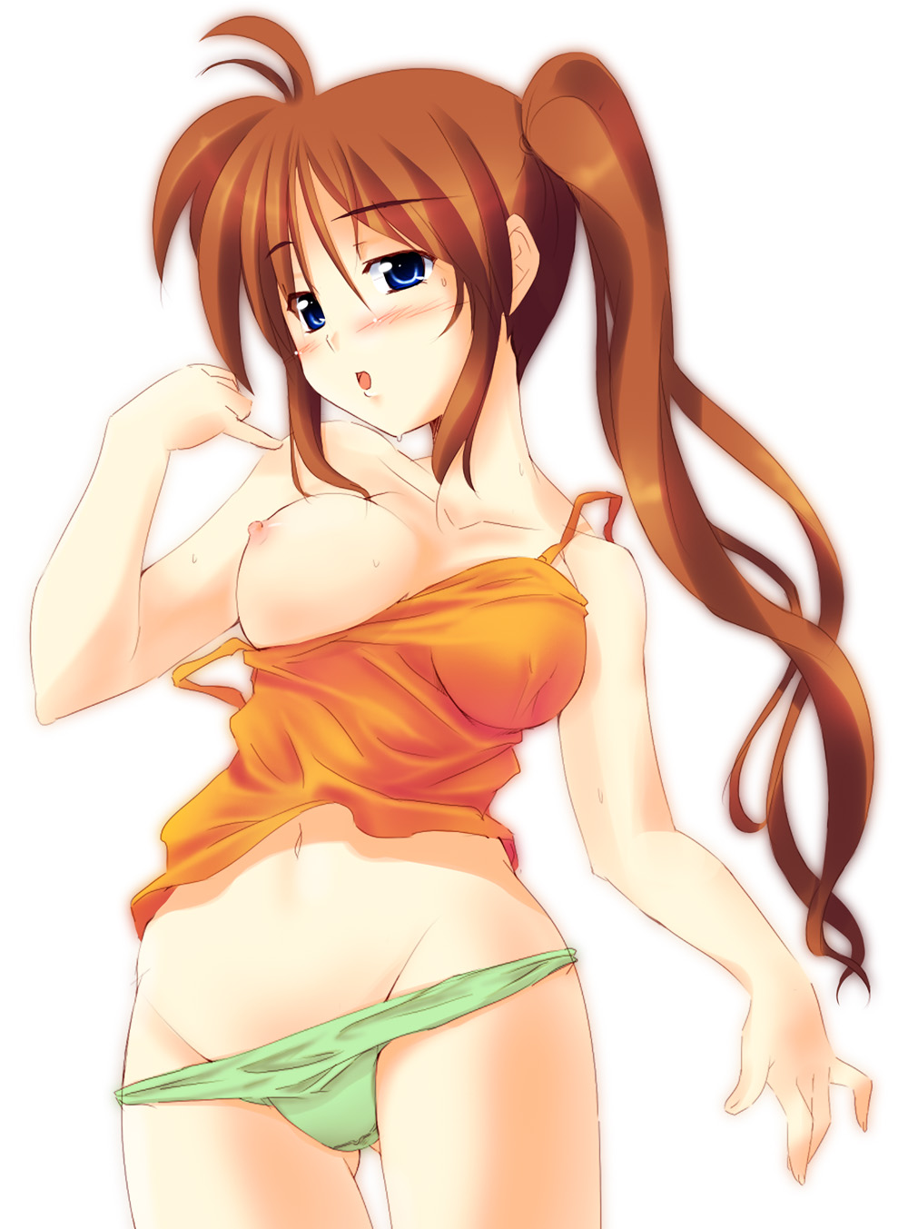 iga tamaki, takamachi nanoha, lyrical nanoha, mahou shoujo lyrical nanoha, mahou shoujo lyrical nanoha strikers, colorized, highres, 00s, 1girl, blue eyes, breast slip, breasts, brown hair, clothes pull, female focus, large breasts, long hair, nipples, one breast out, orange shirt, panties, panty pull, purple eyes, shirt, shirt pull, side ponytail, solo, tank top, underwear