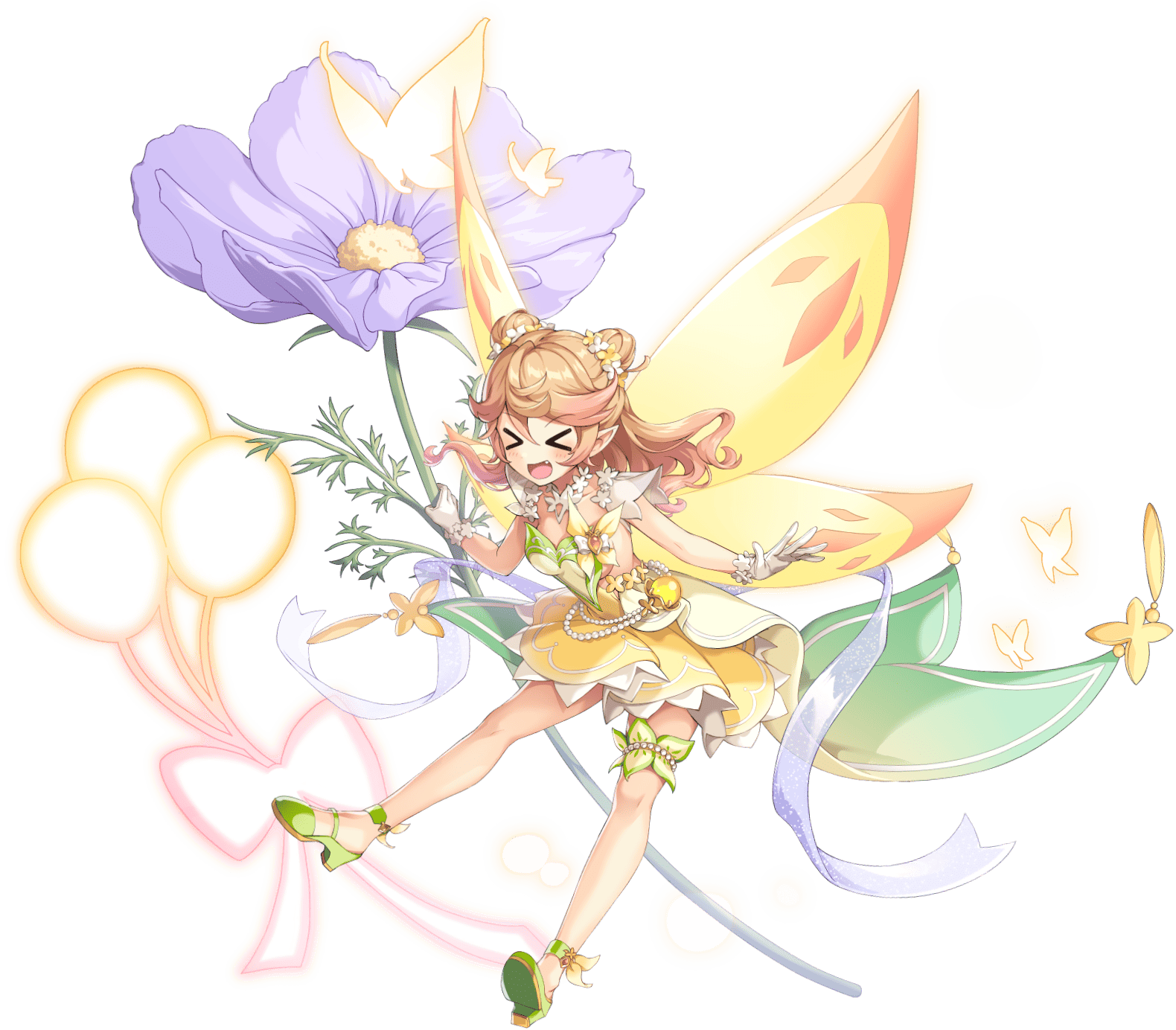 legend clover, artist request, game cg, highres, official art, third-party source, > <, 1girl, bare arms, bare legs, brown hair, double bun, fairy, fairy wings, fang, flower, full body, gloves, green shoes, hair bun, high heels, holding, litoly (legend clover), official alternate costume, open mouth, shoes, skirt, solo, transparent background, white gloves, wings