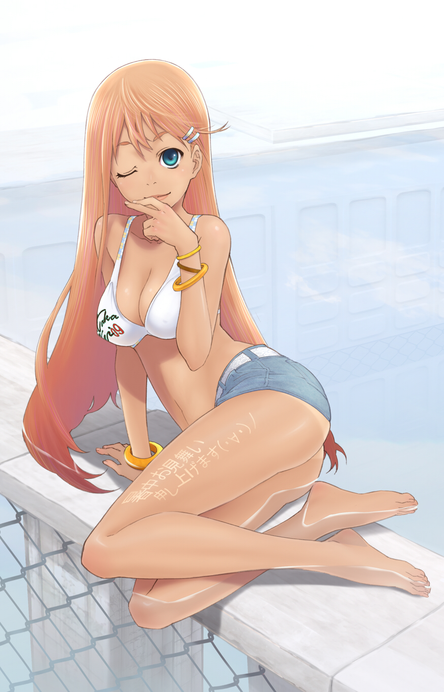 pandaun, original, check translation, highres, md5 mismatch, resolution mismatch, source larger, translated, translation request, 1girl, arm support, ass, bangle, barefoot, bikini, bikini top only, blue eyes, body writing, bracelet, breasts, brown hair, chain-link fence, cleavage, denim, denim shorts, feet, female focus, fence, gyaru, jewelry, kogal, large breasts, legs, legs folded, light smile, lips, long hair, looking at viewer, one eye closed, partially submerged, pool, poolside, shallow water, shochuumimai, short shorts, shorts, shorts tan, solo, swimsuit, tan, tan tattoo, tanline, tattoo, water, wink