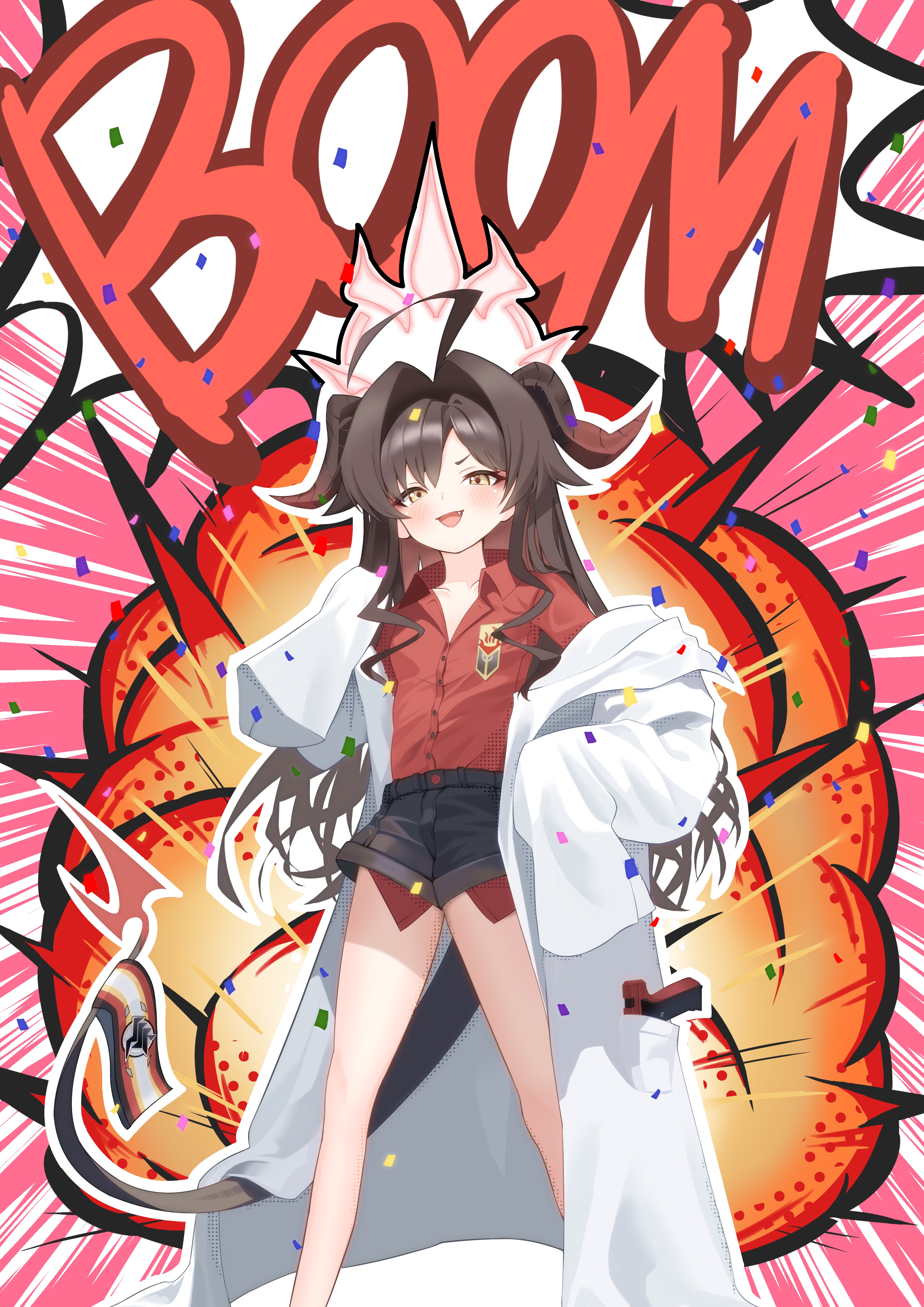 kumaneko vvw, kasumi (blue archive), blue archive, 1girl, demon girl, demon horns, demon tail, english text, horns, lab coat, looking back, shorts, solo, tail, yellow eyes