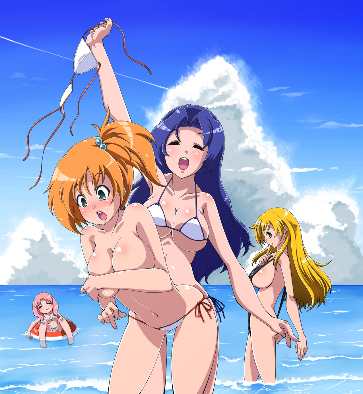 satsuki imonet, daisy (pokemon), lily (pokemon), misty (pokemon), violet (pokemon), nintendo, pokemon, pokemon: the electric tale of pikachu, pokemon (anime), pokemon (classic anime), breast hold, highres, 4girls, :3, = =, alternate color, alternate costume, assisted exposure, bare shoulders, barefoot, beach, bikini, blonde hair, blue hair, blush, body blush, bow, bra, breasts, cameltoe, casual one-piece swimsuit, cleavage, clothes theft, cloud, covered erect nipples, covering breasts, covering privates, day, embarrassed, fat mons, feet, green eyes, gym leader, hair bobbles, hair bow, hair ornament, hat, huge breasts, innertube, jacket, large breasts, leaning forward, legs, long hair, looking back, lowleg, lowleg bikini, micro bikini, multiple girls, navel, ocean, one-piece swimsuit, open mouth, orange hair, outdoors, panties, partially submerged, pink hair, ponytail, red hair, shiny skin, short hair, siblings, side-tie bikini bottom, side ponytail, sideboob, sisters, sky, slingshot swimsuit, smile, swim ring, swimsuit, swimsuit theft, teasing, theft, toes, topless female, underboob, underwear, unworn bikini top, wading, water, waves, white panties, worried