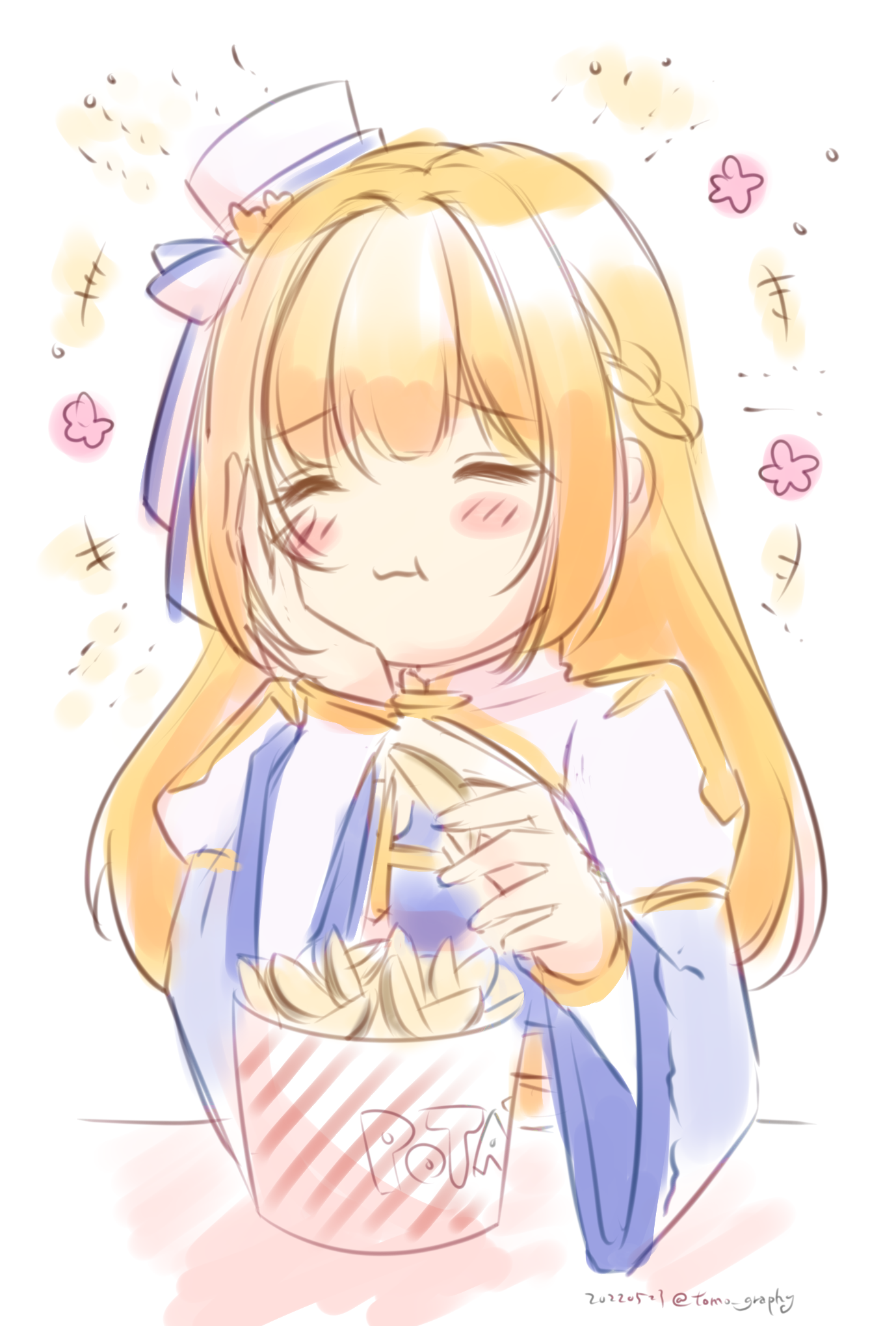 sakuraji tomoka, arch bishop (ragnarok online), ragnarok masters, ragnarok online, commentary request, highres, 1girl, blonde hair, blue dress, blush, bow, braid, closed eyes, closed mouth, cross, dated, dress, eating, half up braid, hand on own cheek, hand on own face, hat, hat bow, hat ornament, juliet sleeves, long hair, long sleeves, pillbox hat, potato wedges, puffy sleeves, sash, simple background, smile, solo, star (symbol), star hat ornament, two-tone dress, upper body, white background, white bow, white dress, white hat, yellow sash