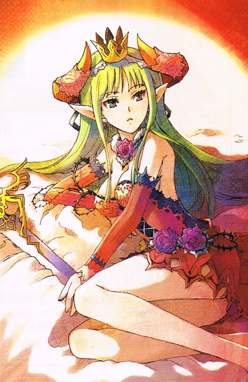 alier, knights in the nightmare, artbook, highres, official art, scan, bare shoulders, breasts, choker, corset, crown, earrings, elbow gloves, flower, gloves, green hair, horns, jewelry, large breasts, legs, long hair, lying, pointy ears, princess, rose, solo, sword, thighs, thorns, weapon