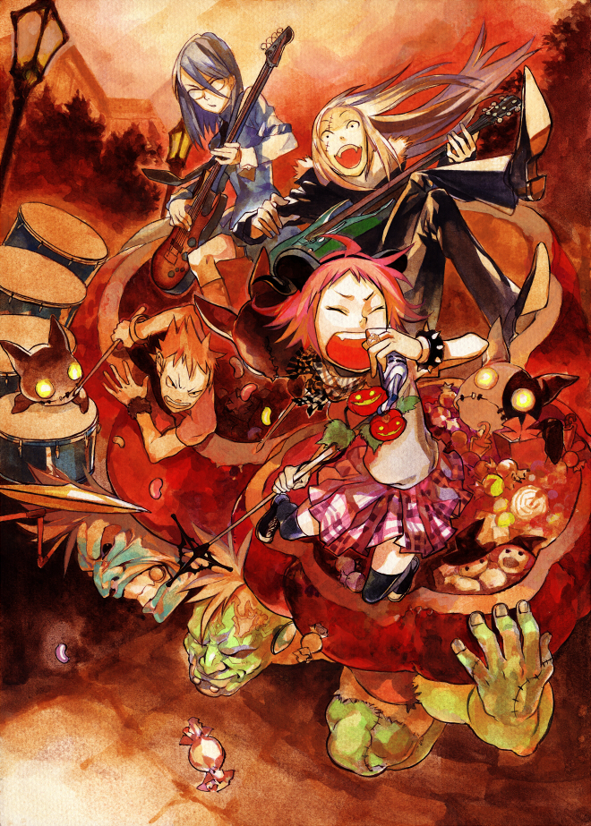 jimu kaji, kajimiya (kaji), bad id, bad pixiv id, 2girls, 3boys, band (music), bass guitar, drum, guitar, halloween, instrument, lamp, microphone, monster, multiple boys, multiple girls
