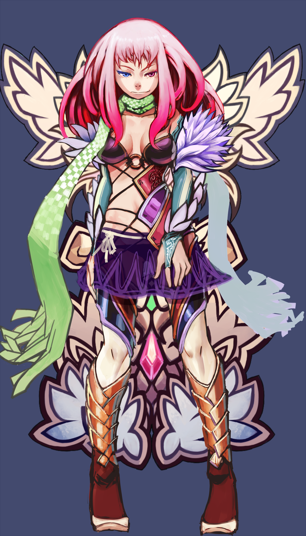 kansou samehada, original, bad id, bad pixiv id, highres, 1girl, armor, bikini armor, breasts, bridal gauntlets, female focus, heterochromia, long hair, medium breasts, panties, pink hair, scarf, see-through clothes, skirt, solo, underwear, wings