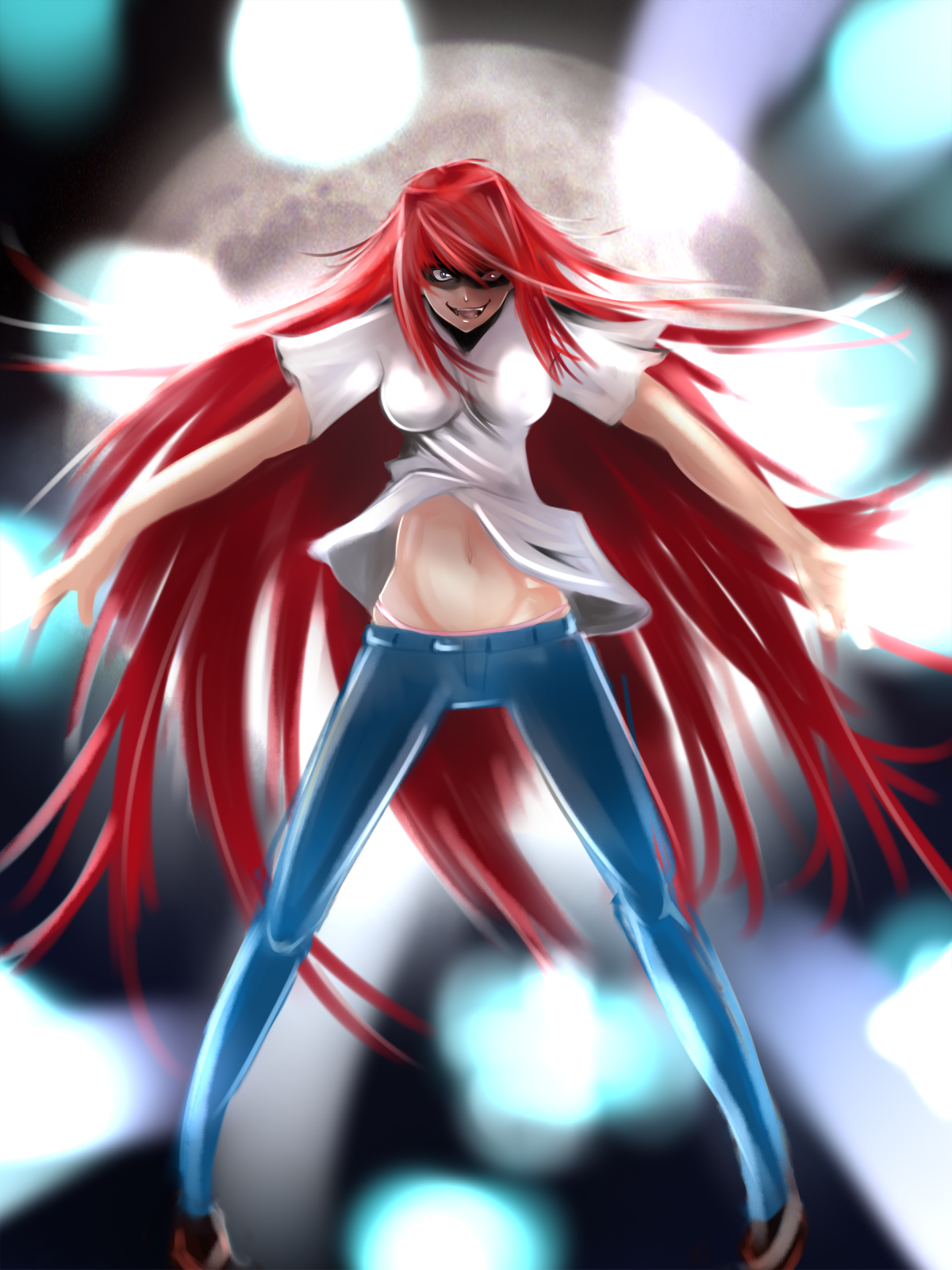 black maria, aozaki aoko, melty blood, tsukihime, type-moon, bad id, bad pixiv id, highres, 00s, 1girl, denim, fang, female focus, full moon, groin, impossible clothes, jeans, legs apart, long hair, moon, navel, panties, pants, red hair, solo, underwear, wide stance
