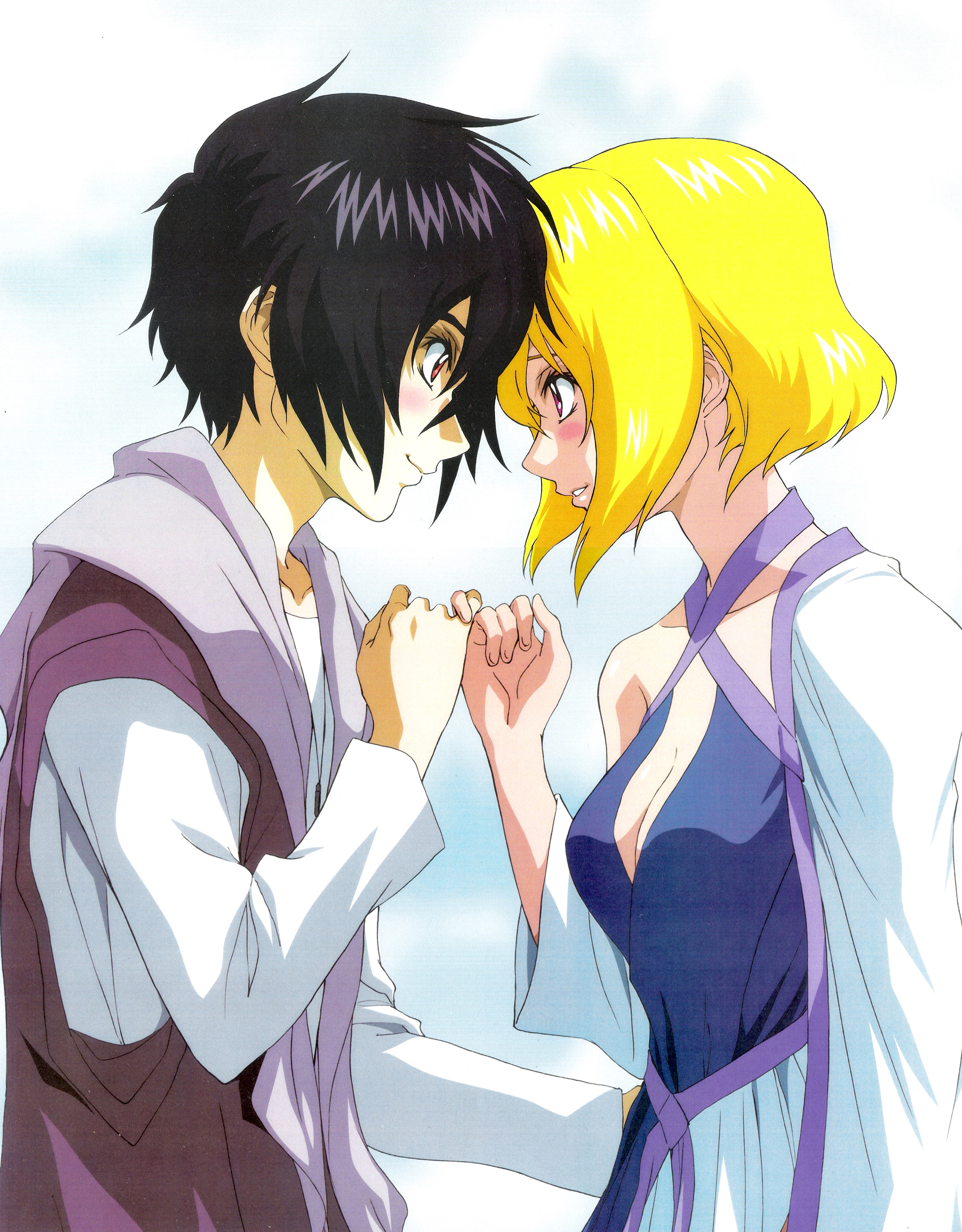 shinn asuka, stellar loussier, gundam, gundam seed, gundam seed destiny, absurdres, highres, official art, scan, 00s, 1boy, 1girl, black hair, blonde hair, blush, couple, hetero, pink eyes, pinky swear, profile, red eyes