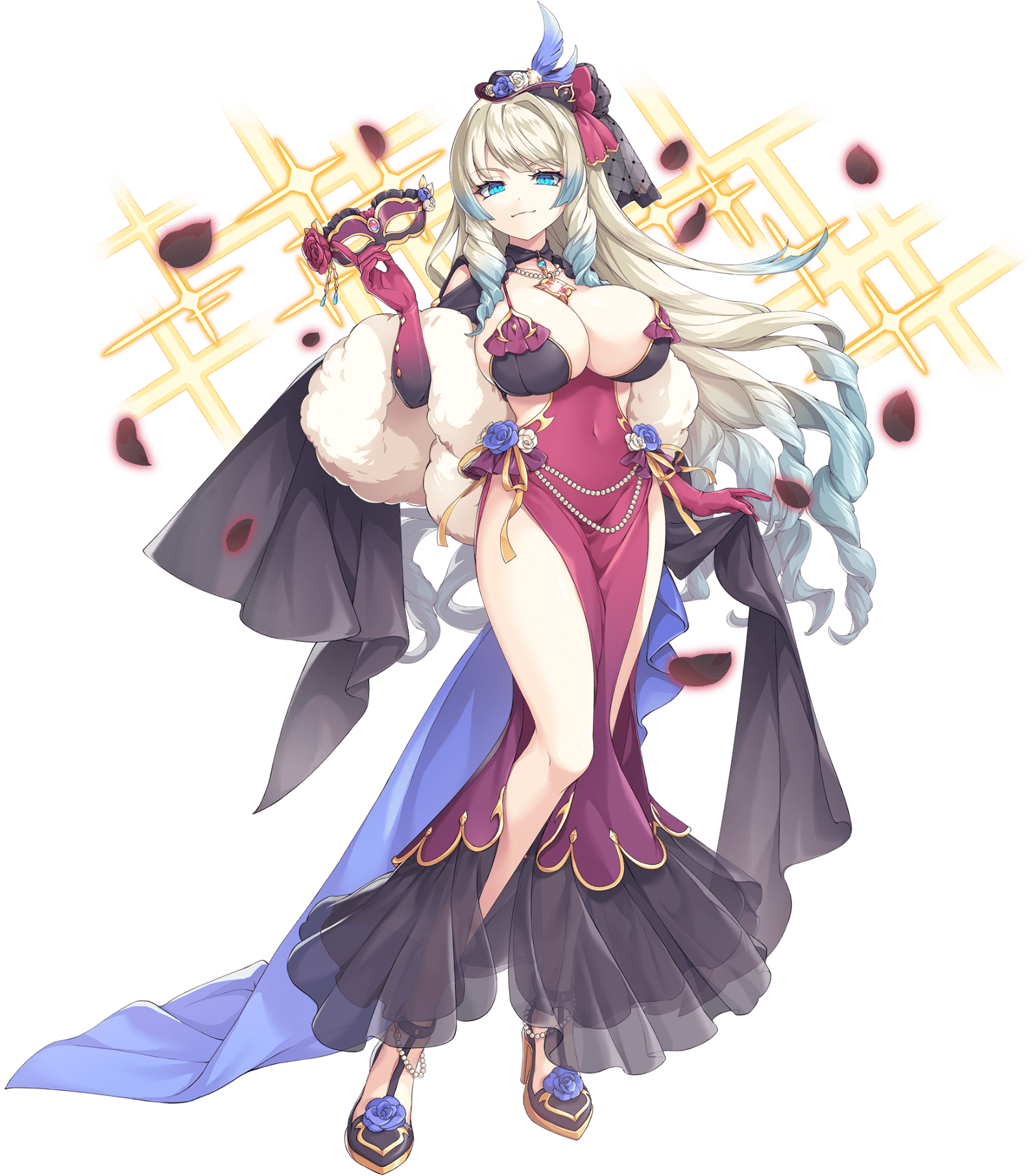 nero (legend clover), legend clover, artist request, game cg, highres, official art, third-party source, 1girl, bare hips, bare legs, blonde hair, blue eyes, breasts, cleavage, covered navel, dress, flower, footwear flower, full body, hat, hat feather, holding, holding mask, long sleeves, looking at viewer, mask, masquerade mask, official alternate costume, solo, transparent background