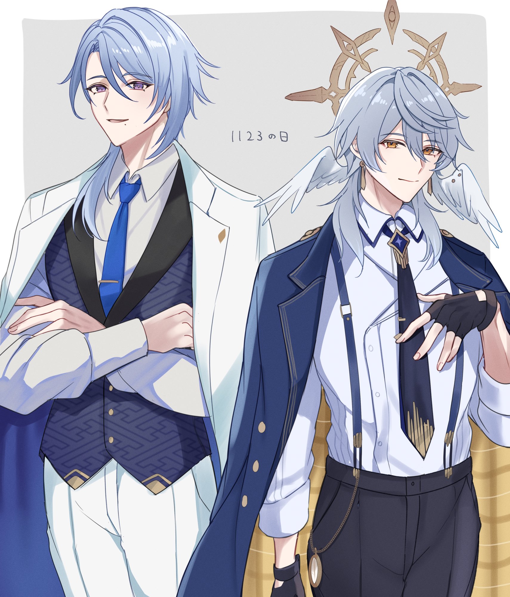 eiri illust, kamisato ayato, sunday (honkai: star rail), genshin impact, honkai: star rail, honkai (series), mihoyo, commentary request, highres, 2boys, alternate costume, arm at side, asymmetrical hair, black gloves, black necktie, black pants, blue hair, blue jacket, blue necktie, blue vest, border, closed mouth, collared shirt, cowboy shot, crossed arms, crossover, curtained hair, dated, earrings, feathered wings, fingerless gloves, gloves, gold earrings, grey background, grey hair, hair between eyes, hair over shoulder, halo, halo behind head, hand on own chest, head wings, jacket, jacket on shoulders, jewelry, long sleeves, looking at viewer, male focus, medium hair, mole, mole under mouth, multiple boys, necktie, outside border, pants, parted bangs, parted lips, piercing, pocket watch, print vest, purple eyes, sayagata, shirt, side-by-side, simple background, sleeves rolled up, smile, spiked halo, standing, suspenders, tie clip, two-sided fabric, two-sided jacket, vest, watch, white border, white jacket, white pants, white shirt, white wings, wing piercing, wings, yellow eyes