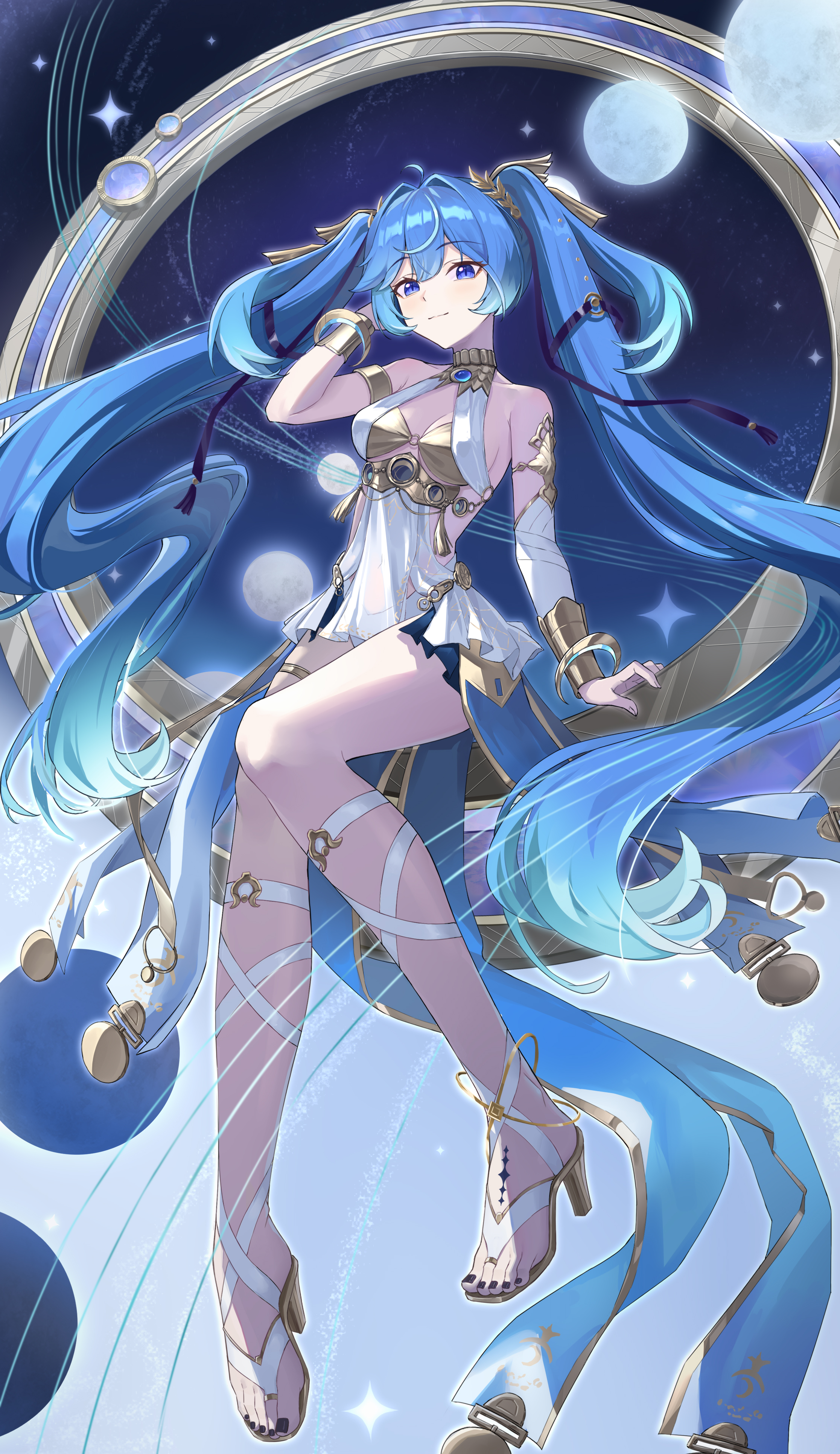 huahu (unstoppable), iuno (wuthering waves), wuthering waves, absurdres, highres, revision, 1girl, ahoge, ancient greek clothes, armlet, bare shoulders, black nails, black skirt, blue eyes, breasts, cleavage, closed mouth, full body, gold bra, greco-roman clothes, hair belt, hair intakes, hand up, high heel sandals, jewelry, laurel crown, long hair, looking at viewer, medium breasts, moon, multicolored hair, nail polish, sandals, showgirl skirt, skirt, smile, solo, streaked hair, tacet mark (wuthering waves), thighs, toenail polish, toenails, twintails, vambraces, very long hair