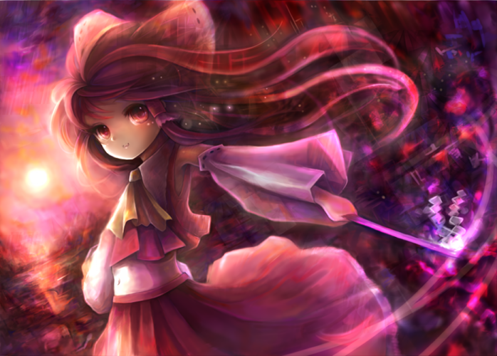 shoukou, hakurei reimu, touhou, 1girl, ascot, backlighting, bow, cowboy shot, detached sleeves, evening, female focus, gohei, hair bow, holding, long hair, long sleeves, looking at viewer, red eyes, red skirt, skirt, solo, stick, sun, sunlight, sunset, very long hair, vest