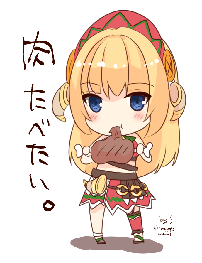 sakuraji tomoka, ragnarok masters, ragnarok online, commentary request, translation request, 1girl, :t, blonde hair, blue eyes, boned meat, brown horns, brown sandals, chibi, chibi only, closed mouth, dated, eating, food, full body, horns, long hair, looking at viewer, meat, red skirt, sandals, signature, simple background, skirt, solo, standing, white background
