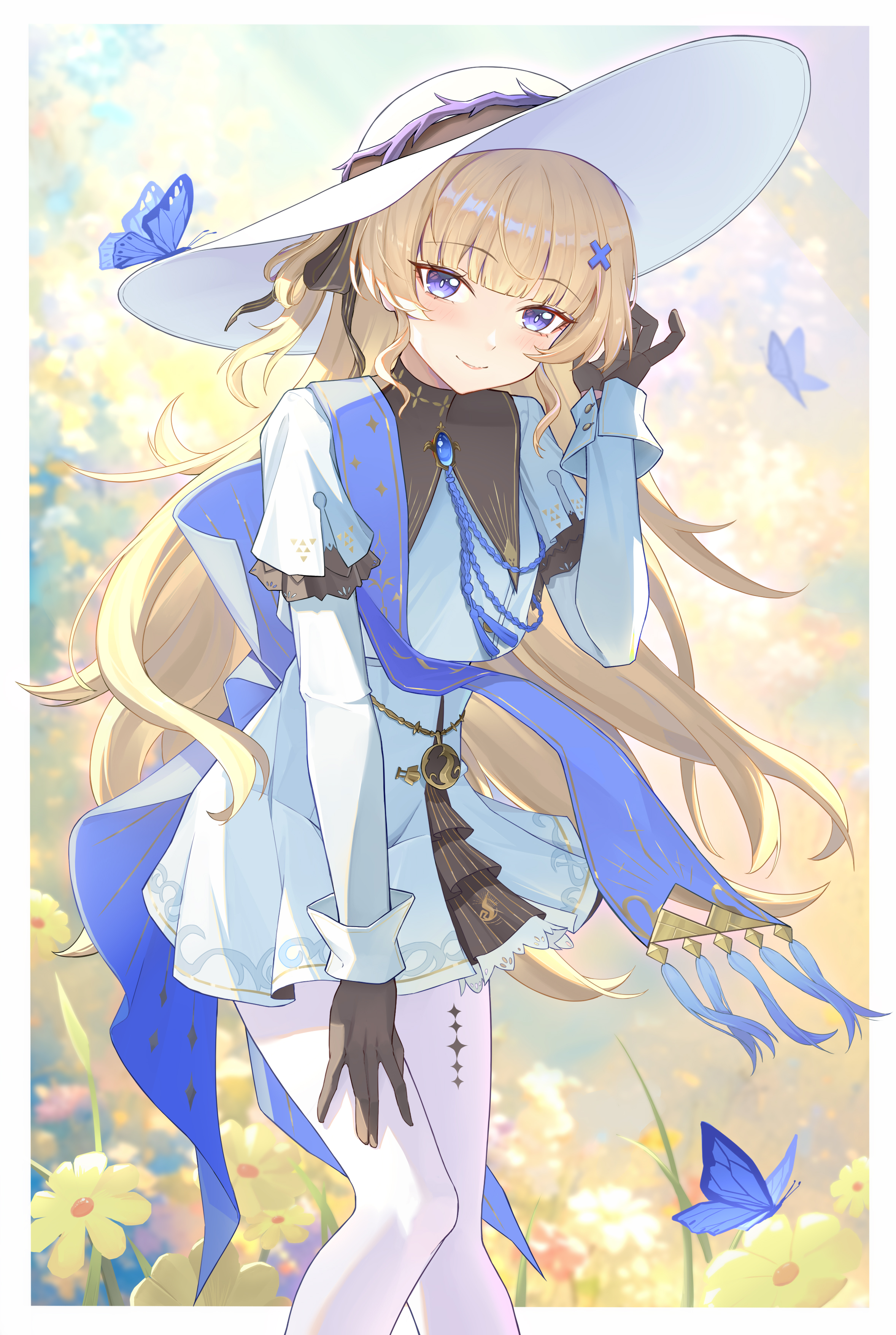 huahu (unstoppable), phoebe (wuthering waves), wuthering waves, absurdres, commentary, highres, revision, 1girl, black bow, black collar, black gloves, blonde hair, blue butterfly, blue eyes, blue sash, blurry, blurry background, blush, border, bow, bug, butterfly, closed mouth, collar, gloves, hair bow, hair ornament, hand up, hat, high-waist skirt, insect, long hair, long sleeves, looking at viewer, outdoors, pantyhose, sash, skirt, smile, solo, striped bow, tacet mark (wuthering waves), white border, white hat, white pantyhose, white skirt, x hair ornament