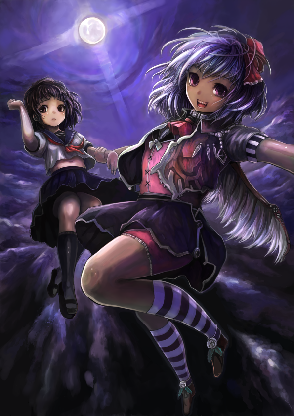 shoukou, original, blue eyes, blue hair, brown eyes, brown hair, flower, full moon, midriff, moon, navel, school uniform, skirt, wings