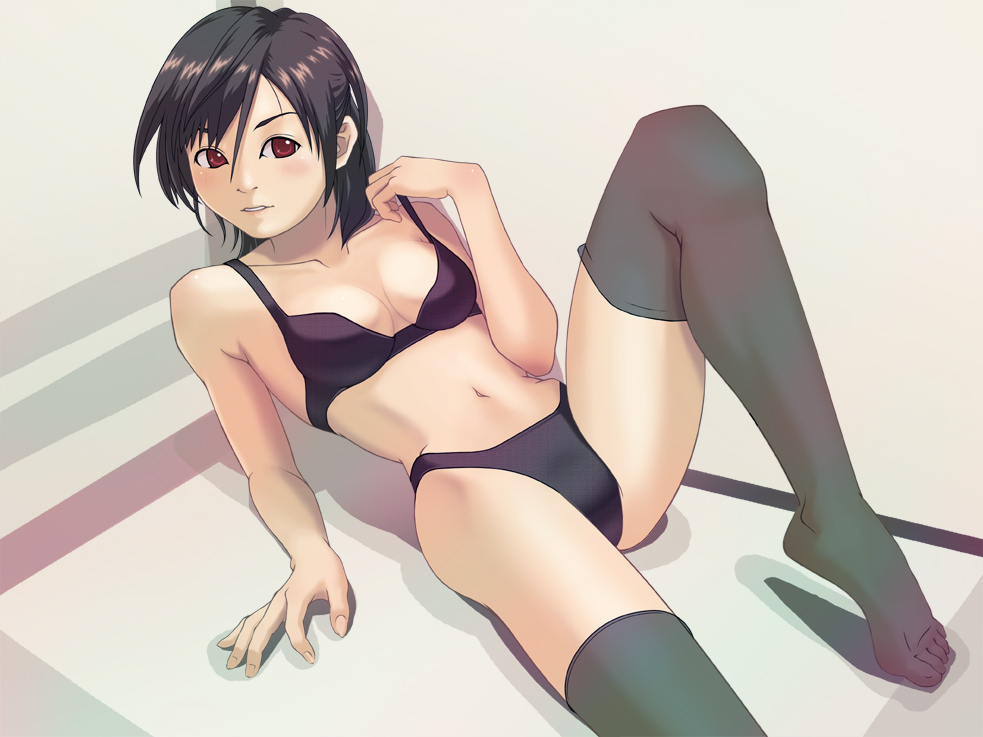 argon (argon18), original, bad id, bad pixiv id, 1girl, bare shoulders, black bra, black hair, black panties, black thighhighs, blush, bra, breasts, cleavage, feet, female focus, lingerie, long hair, lying, navel, panties, red eyes, short hair, solo, thighhighs, underwear, underwear only