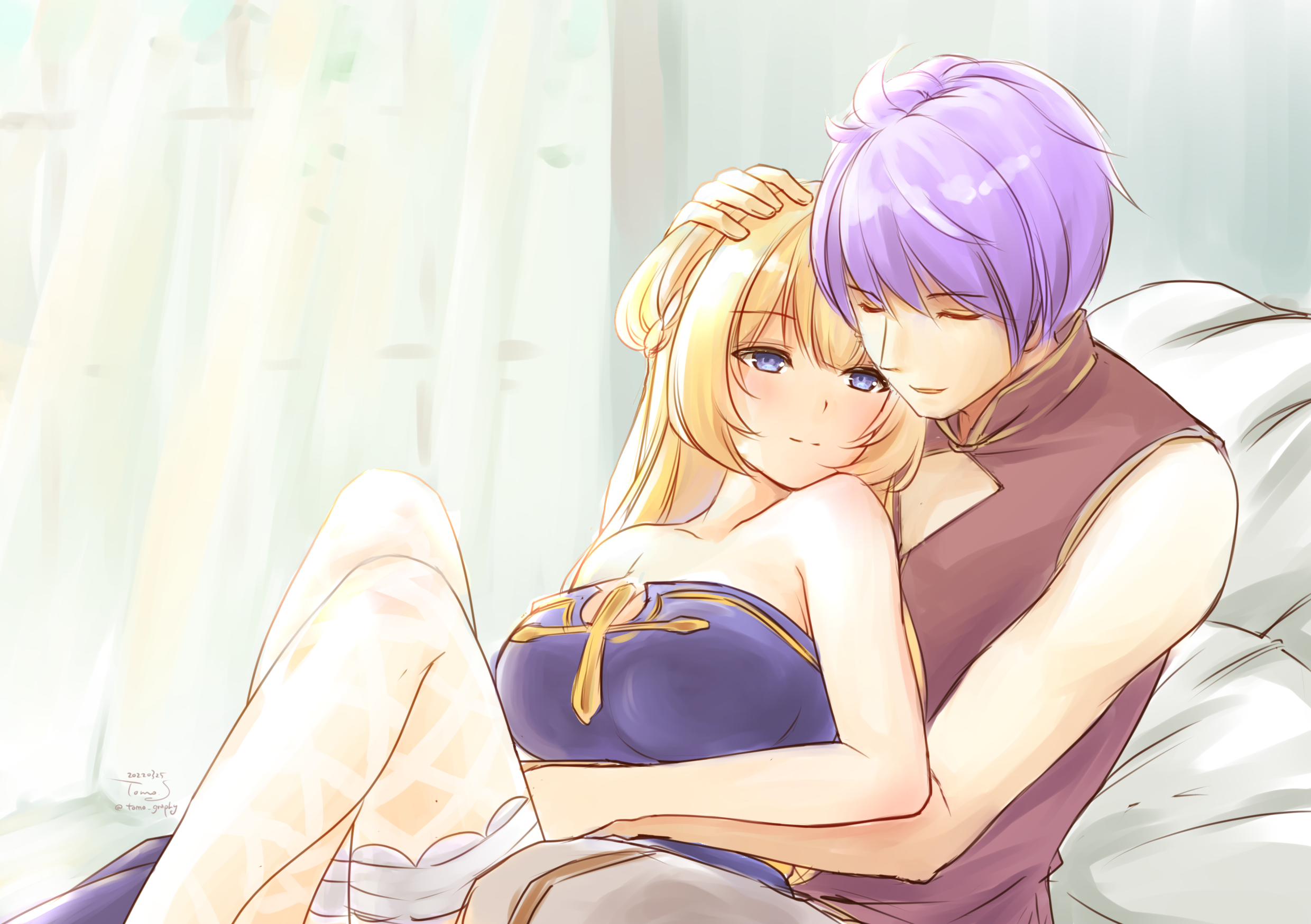 sakuraji tomoka, arch bishop (ragnarok online), mechanic (ragnarok online), ragnarok masters, ragnarok online, commentary request, highres, 1boy, 1girl, blonde hair, blue dress, blue eyes, blush, breasts, brown shirt, closed eyes, closed mouth, couple, cross, dated, dress, feet out of frame, fishnet thighhighs, fishnets, hand on another's head, hetero, indoors, large breasts, long hair, looking at another, purple hair, shirt, short hair, signature, sitting, sleeveless, sleeveless shirt, smile, strapless, strapless dress, thighhighs, white thighhighs