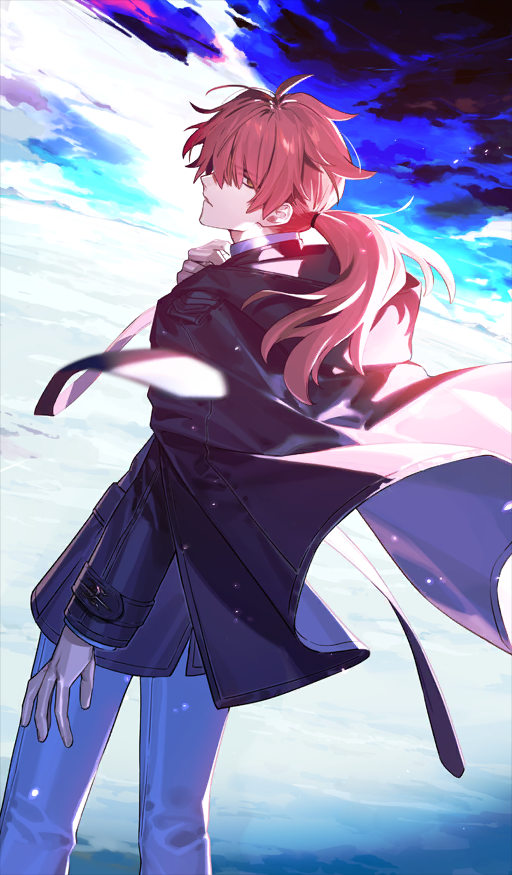 itefu, fate/grand order, fate (series), official art, 1boy, black jacket, black necktie, chaldea no mono, cowboy shot, dutch angle, hair over eyes, jacket, light particles, long hair, long sleeves, looking at viewer, looking back, low ponytail, male focus, necktie, orange eyes, outdoors, pants, parted lips, pink hair, ponytail, shirt, sky, solo, standing, white pants, white shirt