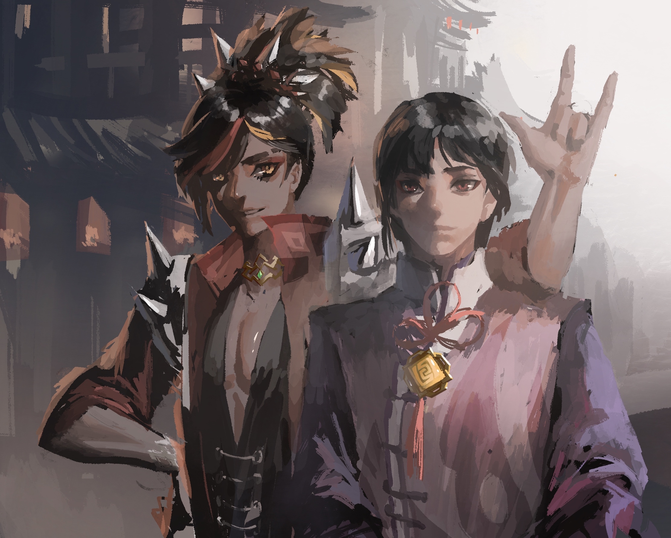 baijinhuaji, xinyan (genshin impact), yun jin (genshin impact), genshin impact, commentary request, highres, 2boys, black hair, brown hair, chinese clothes, dark skin, genderswap, genderswap (ftm), hair between eyes, hairband, looking at viewer, multicolored hair, multiple boys, orange eyes, purple hair, red eyes, red hair, smile, spiked hairband, spikes