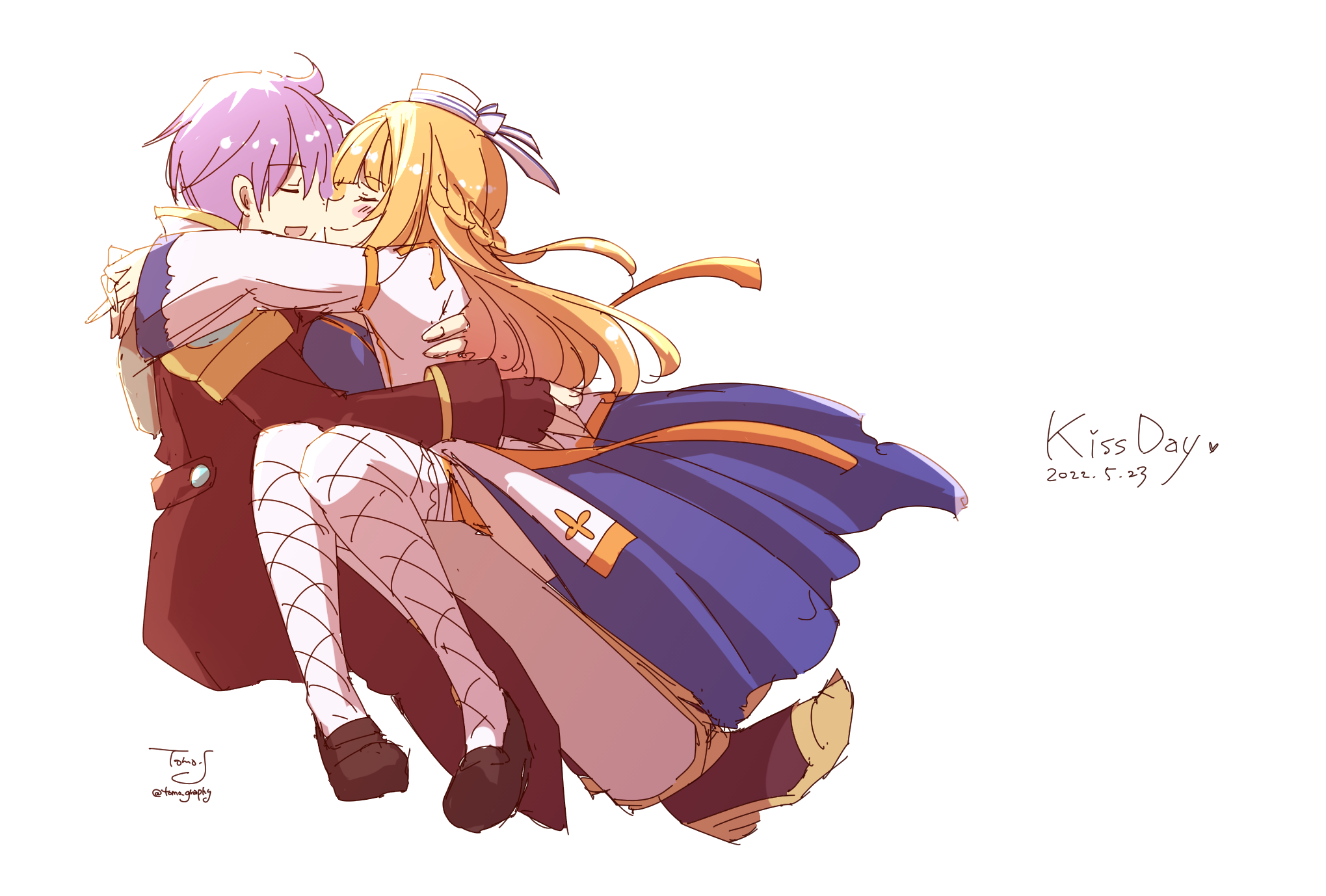 sakuraji tomoka, arch bishop (ragnarok online), mechanic (ragnarok online), ragnarok masters, ragnarok online, commentary request, highres, 1boy, 1girl, black shoes, blonde hair, blue dress, blush, brown gloves, brown jacket, closed eyes, closed mouth, couple, cross, dated, dress, fingerless gloves, fishnet thighhighs, fishnets, full body, gloves, hat, hetero, hug, jacket, juliet sleeves, kiss day, long hair, long sleeves, open mouth, pillbox hat, puffy sleeves, purple hair, shoes, short hair, simple background, smile, thighhighs, two-tone dress, white background, white dress, white hat, white thighhighs