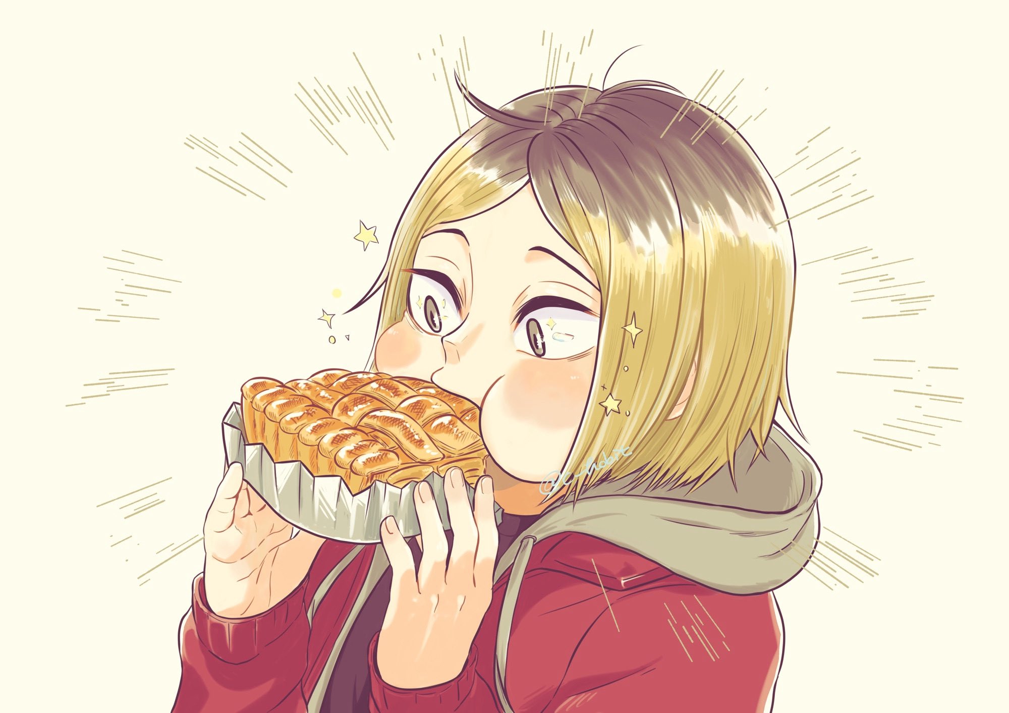 kozume kenma, haikyuu!!, commentary, highres, symbol-only commentary, 1boy, apple pie, arms up, black hair, blonde hair, blush, brown eyes, drawstring, food, food in mouth, food wrapper, hobnnt, holding, holding food, hood, hood down, hooded jacket, jacket, long sleeves, male focus, multicolored hair, parted hair, pie, red jacket, roots (hair), simple background, solo, sparkle, twitter username, upper body