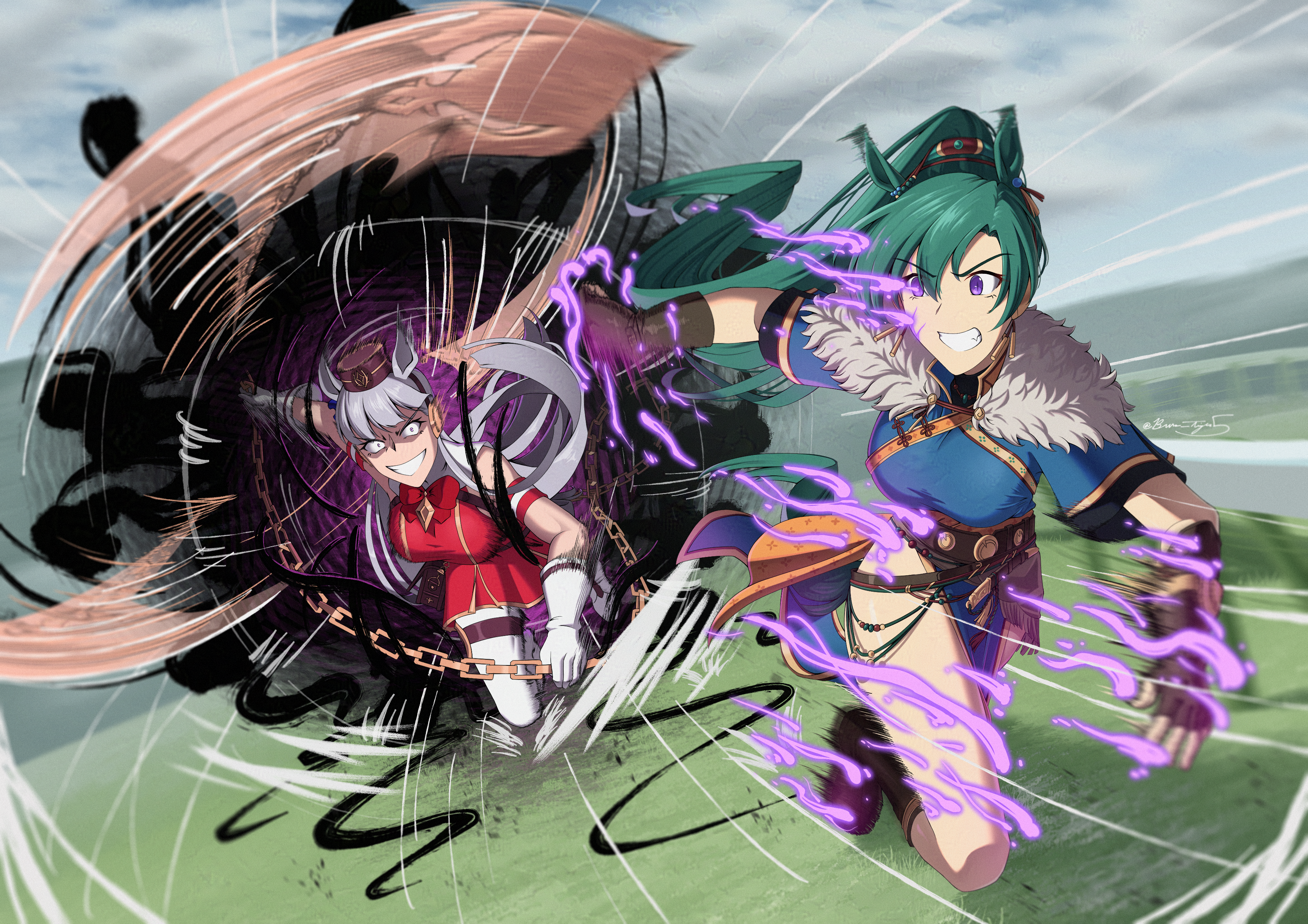 burns5, gold ship (red strife) (umamusume), gold ship (umamusume), lyn (fire emblem), lyn (plains wind) (fire emblem), fire emblem, fire emblem shadows, nintendo, umamusume, absurdres, commission, highres, 2girls, anchor, animal ears, armband, aura, belt pouch, blue dress, blunt bangs, boots, bow, bowtie, breasts, brown hat, dark aura, dress, ear bow, ear ribbon, evil grin, evil smile, eye trail, fingerless gloves, fur trim, gloves, green hair, grey hair, grin, hat, high ponytail, holding, holding anchor, horse ears, horse girl, horse tail, large breasts, leggings, light trail, long hair, multiple girls, open mouth, pantyhose, pillbox hat, ponytail, pouch, purple eyes, red dress, running, short sleeves, sleeveless, sleeveless dress, smile, striped armband, striped clothes, tail, teeth, thigh strap, very long hair, white gloves, white leggings, white pantyhose