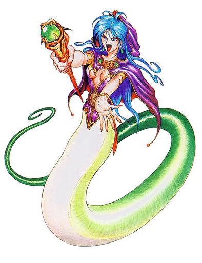 deis, breath of fire, 1girl, blue hair, breasts, female focus, lamia, large breasts, monster girl, scales, solo
