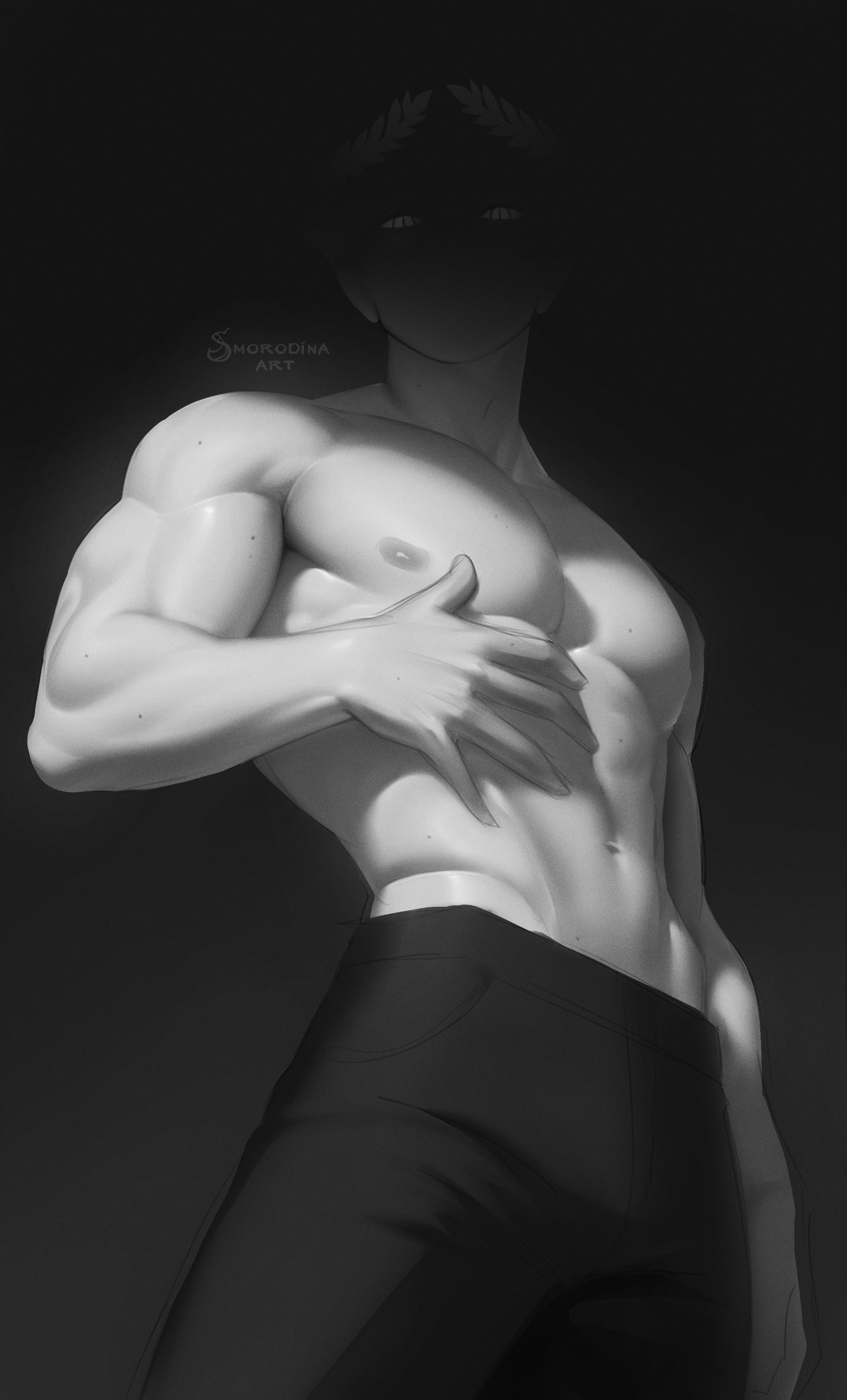 original, absurdres, commentary, english commentary, highres, 1boy, abs, arm up, bara, collarbone, gradient background, greyscale, groin, hand on own chest, laurel crown, looking at viewer, male focus, monochrome, muscular, muscular male, navel, nipples, pectorals, smorodinator, solo, standing, topless male