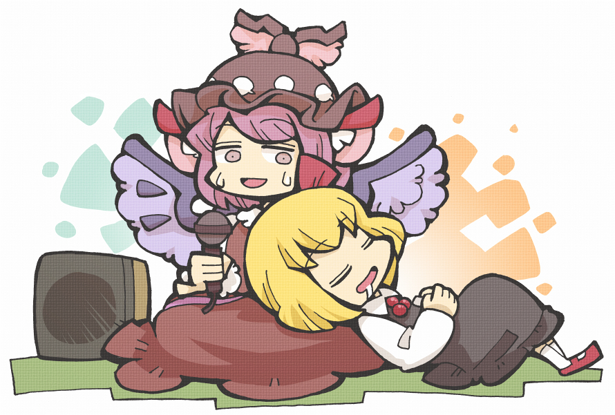 hounori, mystia lorelei, rumia, touhou, bad id, bad pixiv id, 2girls, animal ears, blonde hair, female focus, lap pillow, microphone, multiple girls, saliva, sleeping, wings