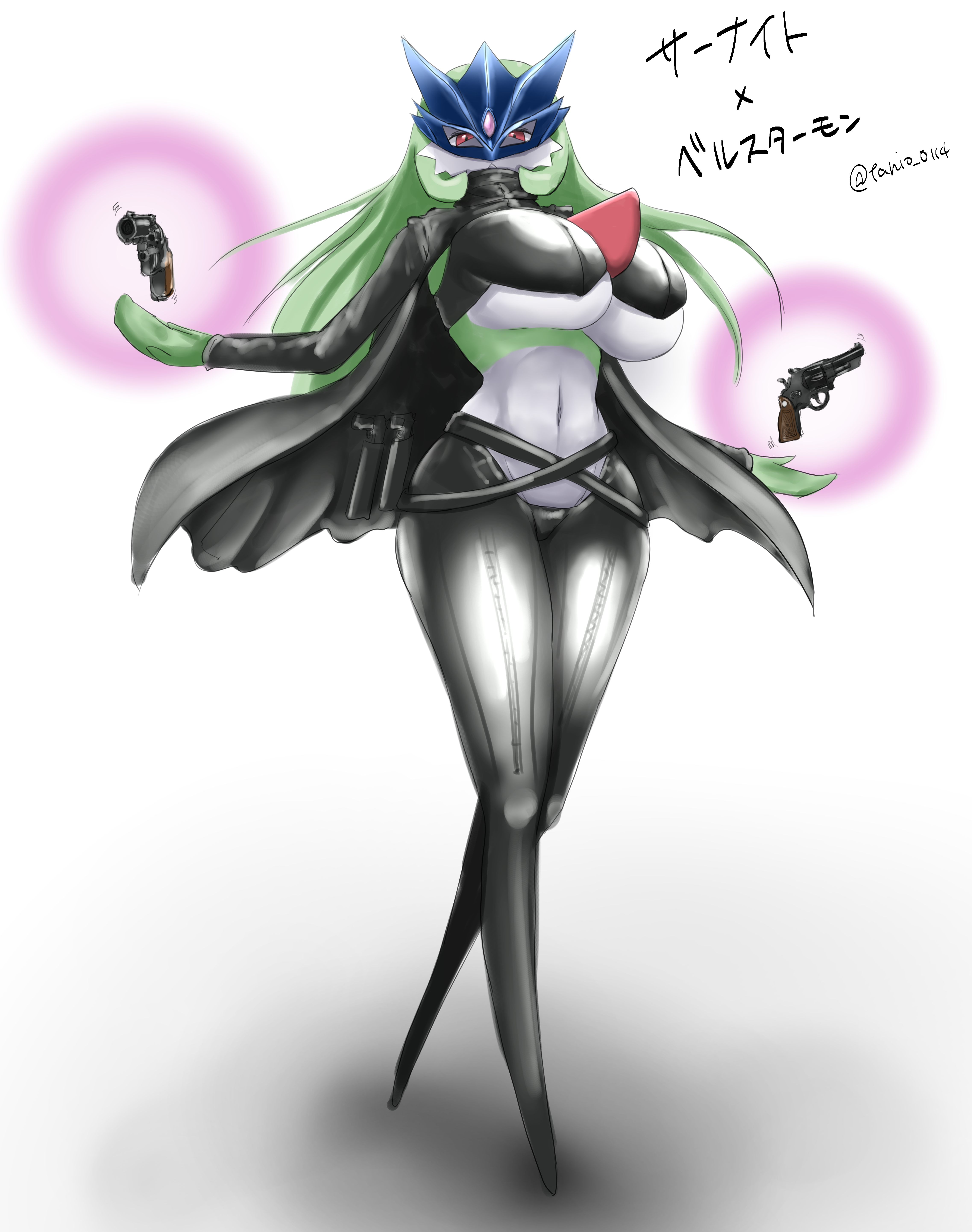 tanio (tanio 0114), beelstarmon, gardevoir, digimon, nintendo, pokemon, absurdres, commentary request, highres, translation request, 1girl, :<, beelstarmon (cosplay), belt, black belt, black coat, black pants, black vest, blue mask, bob cut, breasts, closed mouth, coat, colored skin, cosplay, cropped vest, eye mask, full body, gen 3 pokemon, green hair, green skin, gun, large breasts, leather, leather pants, long hair, looking at viewer, mask, multicolored skin, navel, open clothes, open coat, pants, pokemon (creature), red eyes, shadow, sidelocks, simple background, solo, standing, stomach, telekinesis, tight clothes, tight pants, two-tone skin, underboob, vest, weapon, white background, white skin