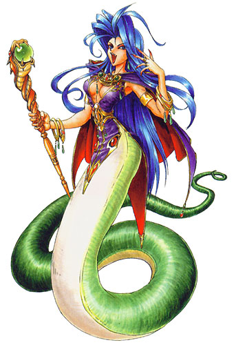 deis, breath of fire, lowres, 1girl, blue hair, breasts, cleavage, female focus, lamia, large breasts, monster girl, scales, solo