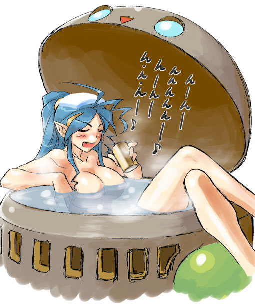 dr.p, deis, ershin, breath of fire, breath of fire iv, translation request, 1girl, alcohol, bath, beer, blue hair, breasts, cleavage, female focus, large breasts, long hair, nude, pointy ears, ponytail, solo