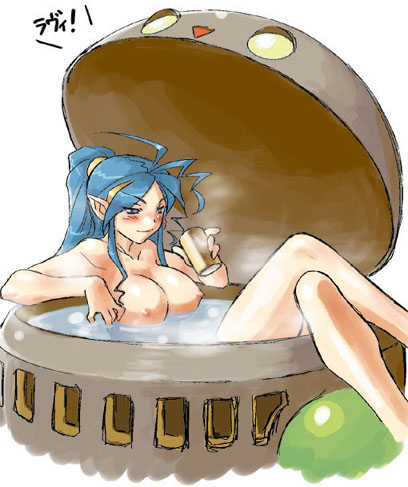 dr.p, deis, breath of fire, lowres, 1girl, bath, blue hair, breasts, female focus, large breasts, master (breath of fire iv), nipples, nude, pointy ears, ponytail, solo