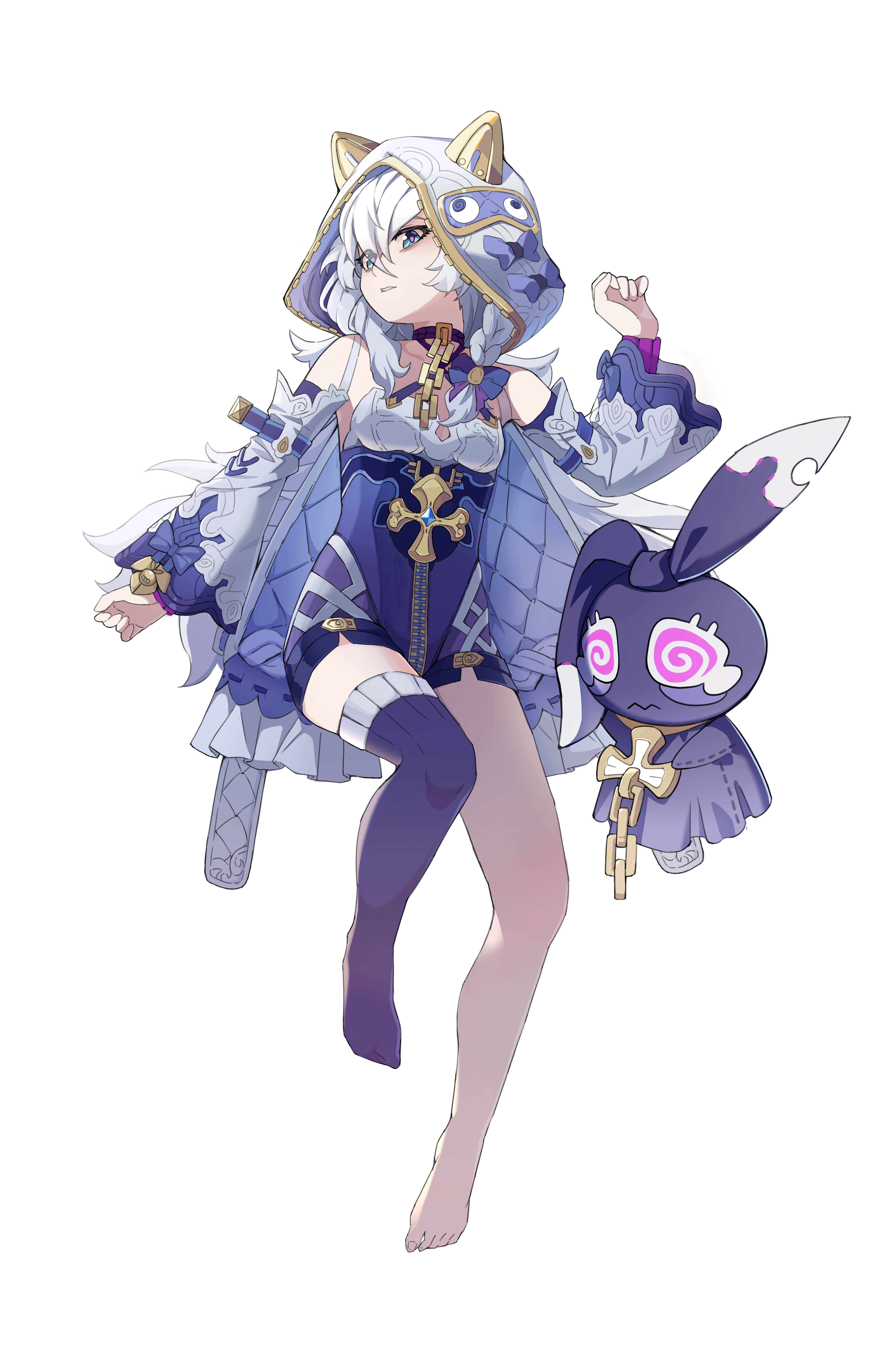 yunxiagong, theresa apocalypse, theresa apocalypse (schicksal's imperative), honkai (series), honkai impact 3rd, absurdres, chinese commentary, commentary request, highres, 1girl, animal hood, blue eyes, breasts, cat hood, detached sleeves, feet, full-length zipper, full body, hood, long hair, looking at viewer, meme, purple thighhighs, purple unitard, simple background, single bare foot, single thighhigh, small breasts, solo, tachi-e, teri derp (meme), thighhighs, toes, white background, white hair, zipper