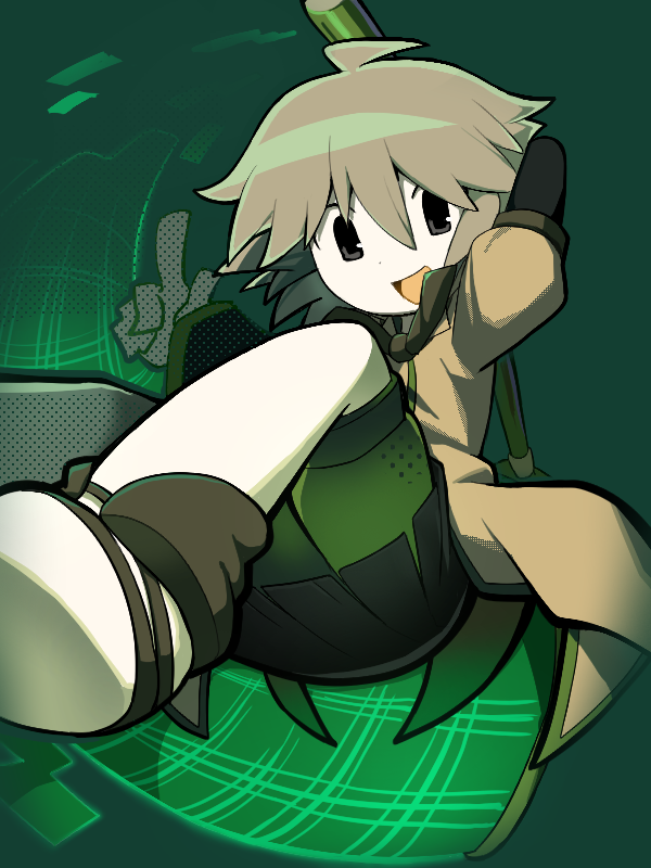 kokum0tsu, houlen yabusame, len'en, commentary, symbol-only commentary, 1other, ahoge, androgynous, ascot, bare legs, barefoot sandals (jewelry), black kimono, black shorts, brown ascot, brown coat, butterfly net, carrying over shoulder, coat, coattails, floating hair, foot out of frame, green background, grey eyes, grey hair, hair between eyes, halftone, hand net, happy, holding, holding butterfly net, japanese clothes, kimono, layered sleeves, long sleeves, looking at viewer, other focus, pointing, pointing up, portal (object), puffy short sleeves, puffy sleeves, short hair, short over long sleeves, short sleeves, shorts, solo, wide sleeves