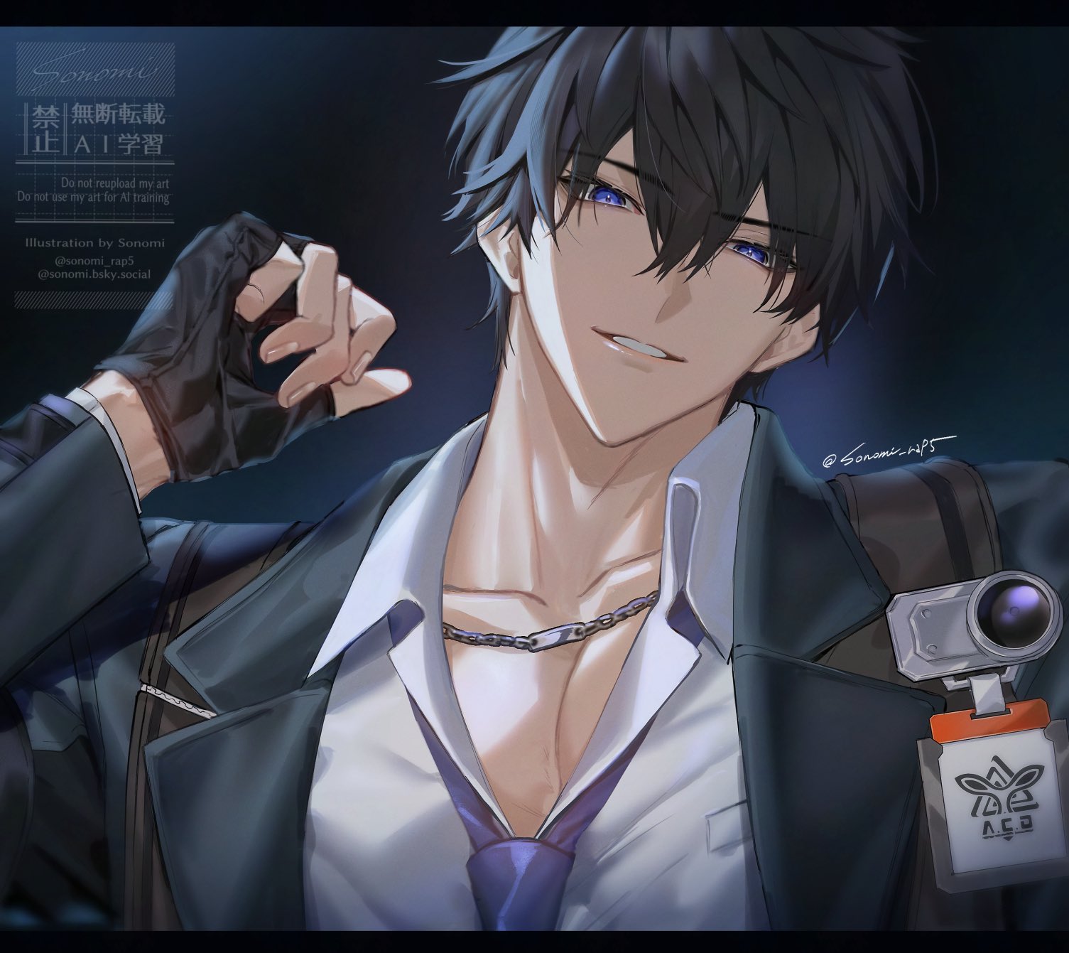sonomi, male protagonist (ananta), ananta, hashtag-only commentary, highres, 1boy, black gloves, black hair, blue eyes, blue necktie, collared shirt, double-parted bangs, fingerless gloves, gloves, hair between eyes, id card, jacket, jewelry, lapels, layered sleeves, letterboxed, long sleeves, looking at viewer, male focus, necklace, necktie, notched lapels, open clothes, open collar, open jacket, parted lips, shirt, short hair, smile, solo, suit jacket, twitter username, upper body, watermark, white shirt, wing collar