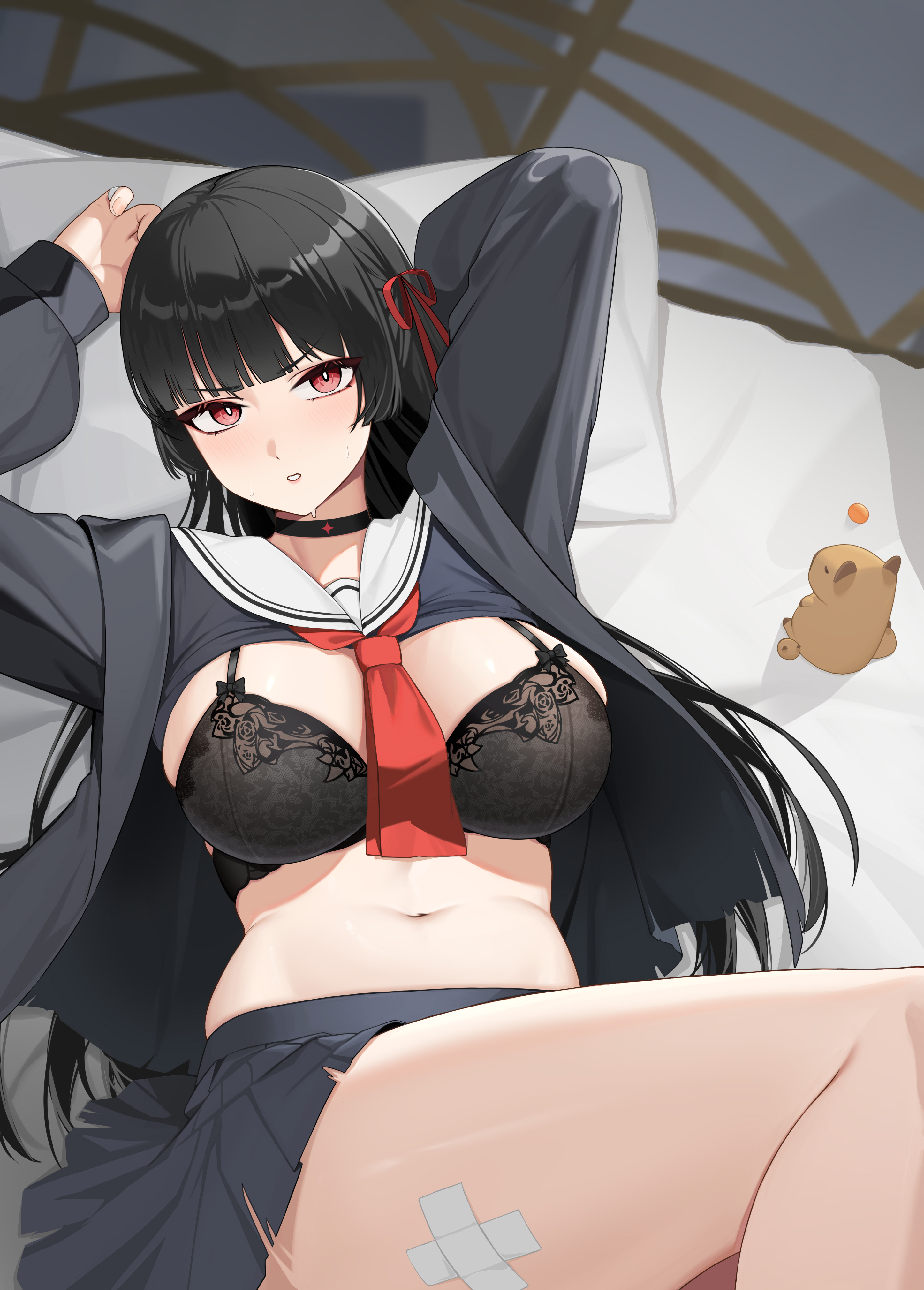 chisa (wuthering waves), wuthering waves, absurdres, chinese commentary, commentary request, highres, 1girl, arms up, bed, black bra, black choker, black hair, black jacket, black serafuku, black shirt, black skirt, blush, bra, breasts, bright pupils, choker, clothes lift, hair ribbon, jacket, large breasts, long hair, looking at viewer, lying, namipon (wuthering waves), navel, neckerchief, nuli hua de ryu, on back, on bed, parted lips, pillow, red eyes, red neckerchief, red ribbon, ribbon, sailor collar, school uniform, serafuku, shirt, shirt lift, skirt, solo, stomach, sweat, thighs, underwear, white pupils, white sailor collar