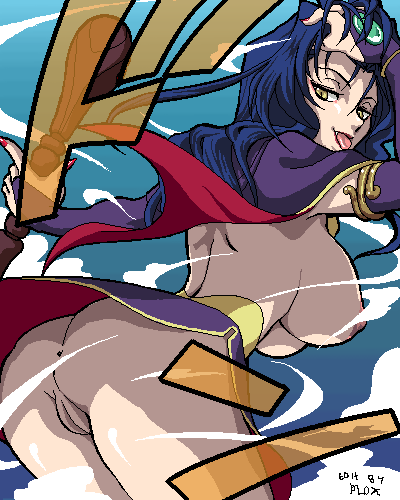 deis, breath of fire, lowres, 1girl, anus, ass, blue hair, breasts, female focus, large breasts, legs, lipstick, long hair, makeup, nipples, pussy, solo, teeth, tongue, uncensored, upskirt, yellow eyes