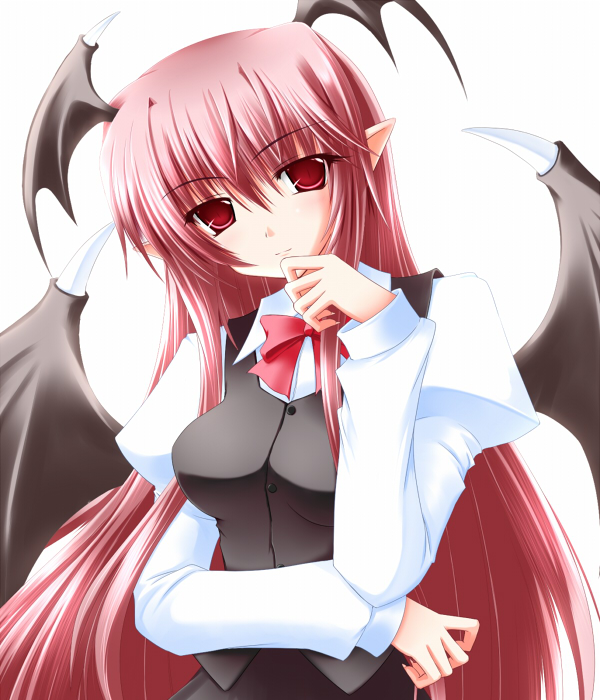 shirotsuki kouta, koakuma, embodiment of scarlet devil, touhou, 1girl, demon girl, female focus, formal clothes, head wings, long hair, pink hair, red eyes, solo, wings
