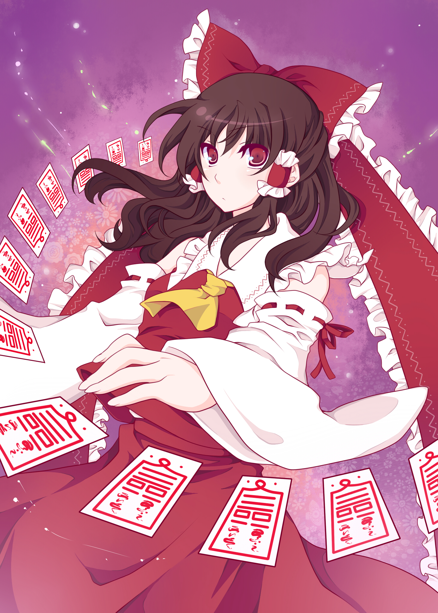 shino (mijinko), hakurei reimu, touhou, bad id, bad pixiv id, highres, 1girl, detached sleeves, female focus, japanese clothes, miko, ofuda, solo