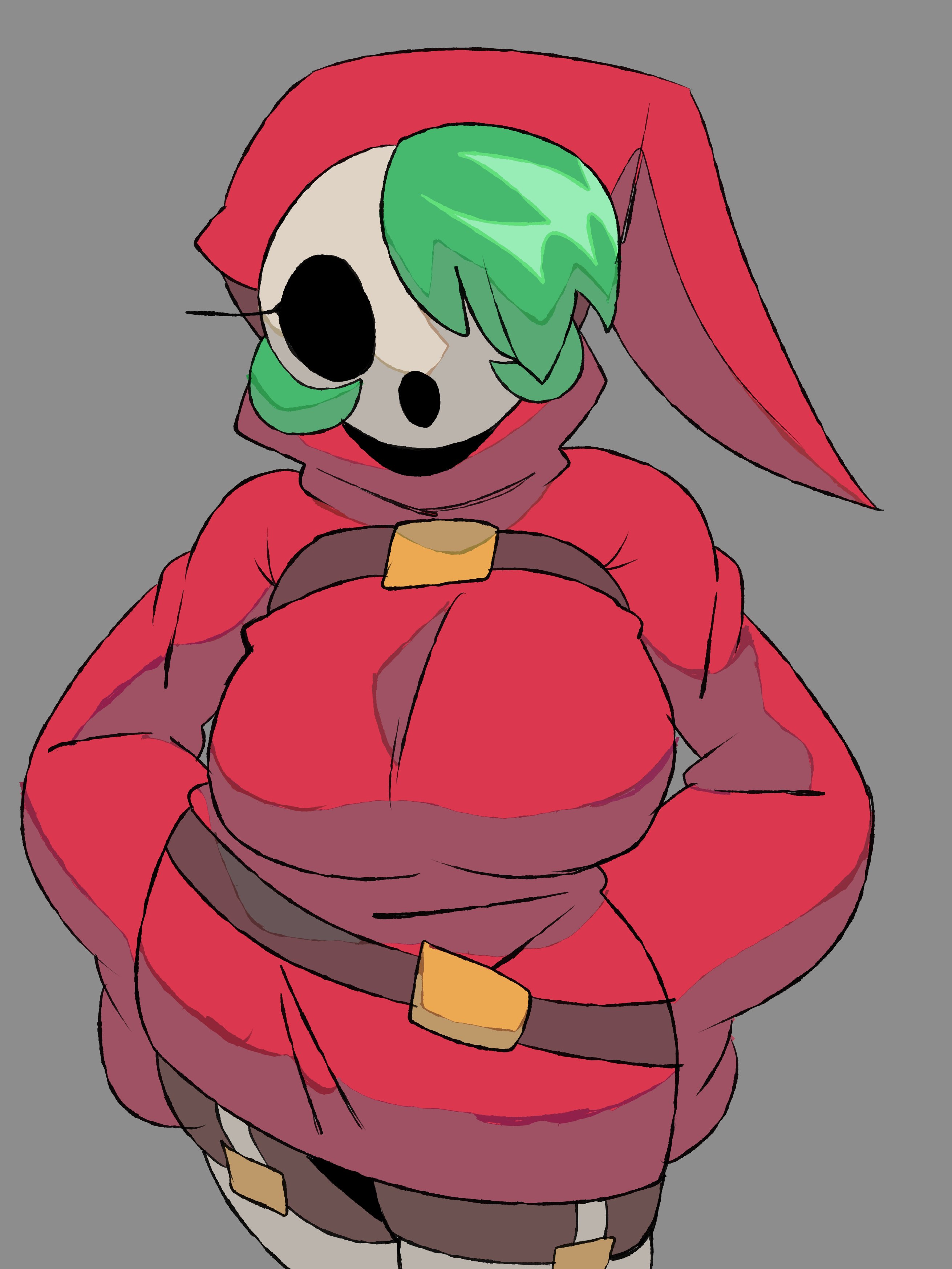 shy gal, mario (series), nintendo, absurdres, commentary, english commentary, highres, 1girl, aaaaaron122, belt, breasts, cowboy shot, garter straps, green hair, grey background, hands on own hips, hollow eyes, hood, hood up, hooded sweater, large breasts, long sleeves, mask, one eye covered, red sweater, short hair, sleeves past wrists, solo, sweater, thighhighs