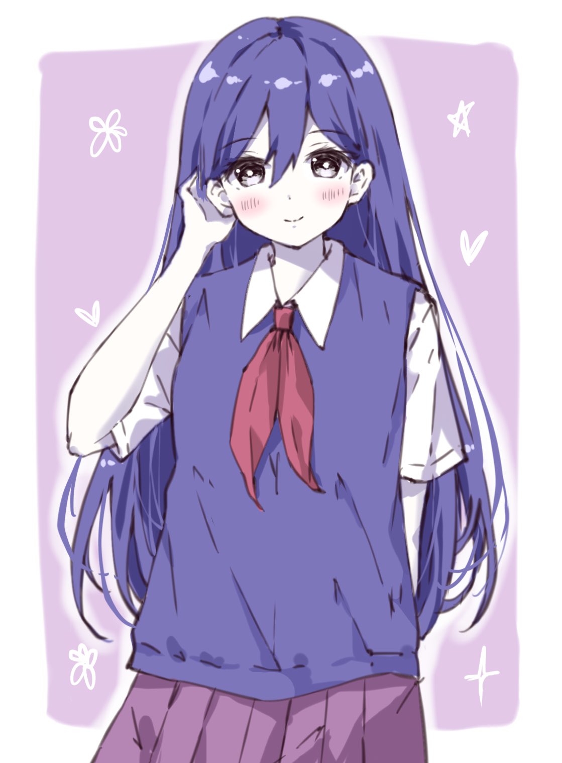 mari (headspace) (omori), mari (omori), omori, commentary request, highres, 1girl, arm behind back, bare arms, black eyes, blush, border, breasts, bright pupils, closed mouth, collared shirt, colored skin, cowboy shot, double-parted bangs, hair behind ear, hair between eyes, hand on own ear, hand up, heart, joshik anknice, long hair, looking at viewer, neckerchief, outline, outside border, pleated skirt, purple background, purple skirt, red neckerchief, shirt, short sleeves, simple background, skirt, small breasts, smile, solo, standing, straight hair, very long hair, white border, white outline, white pupils, white shirt, white skin