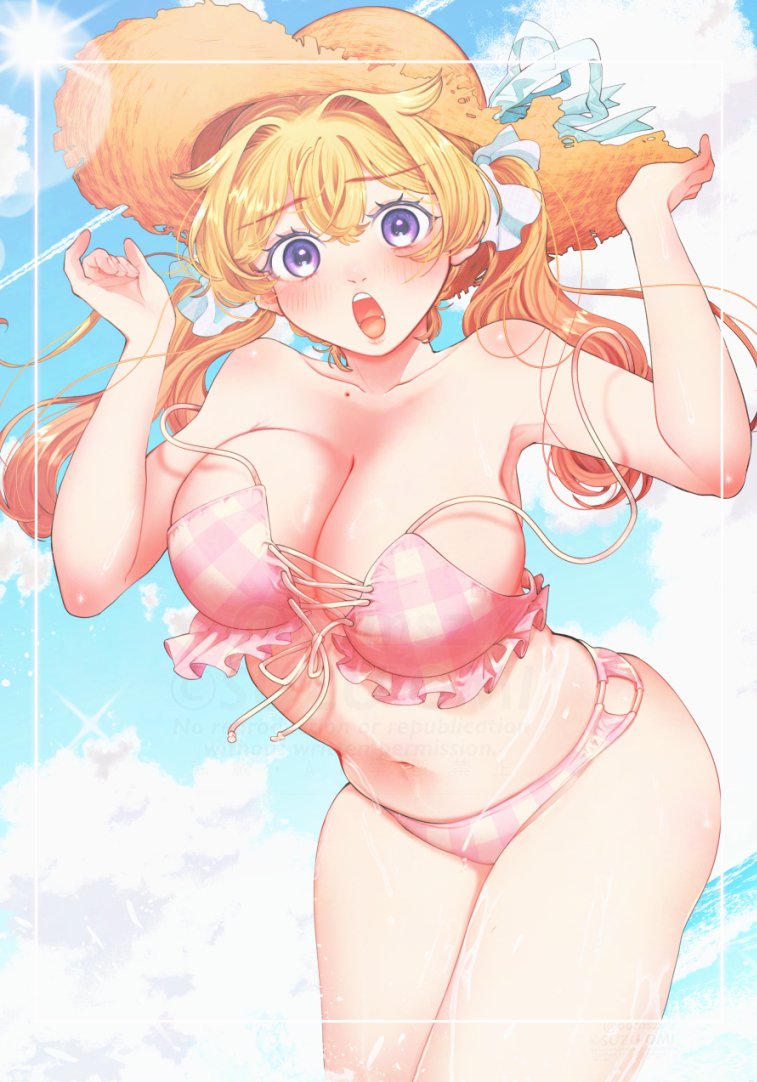 oomsz, koto mitsuha, filter-goshi no kanojo, commentary, official art, symbol-only commentary, 1girl, beach, bikini, blonde hair, blue sky, blush, breasts, cloud, cloudy sky, collarbone, hands up, hat, large breasts, long hair, looking at viewer, mole, mole on collarbone, navel, open mouth, pink bikini, purple eyes, sky, solo, straw hat, surprised, swimsuit, twintails, very long hair, water