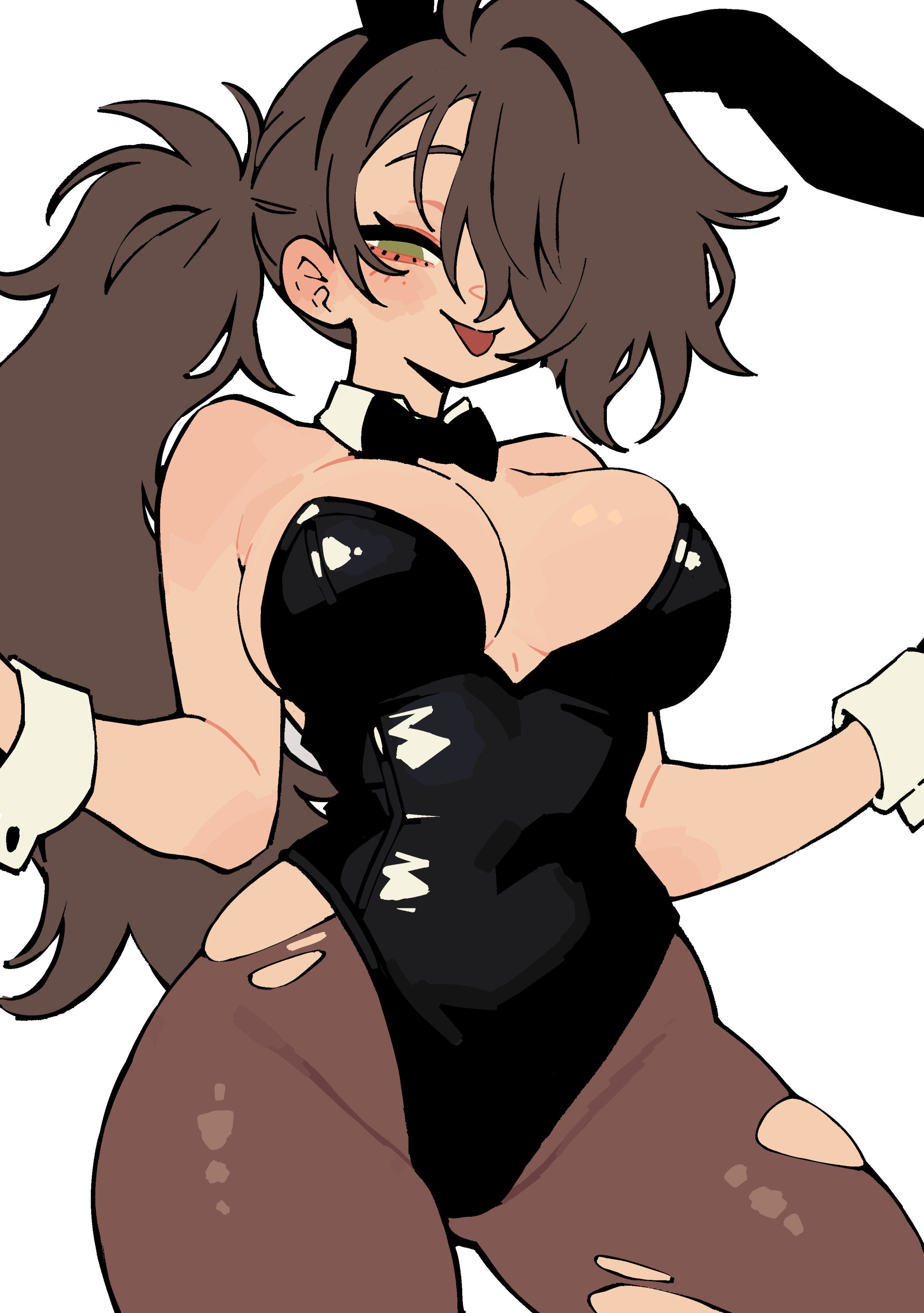 dayo34, original, absurdres, highres, 1girl, animal ears, arms up, bare shoulders, bow, bowtie, breasts, brown hair, cowboy shot, detached collar, fake animal ears, green eyes, hair over one eye, pantyhose, playboy bunny, ponytail, solo, tongue, tongue out, torn clothes, torn pantyhose, white background, wrist cuffs