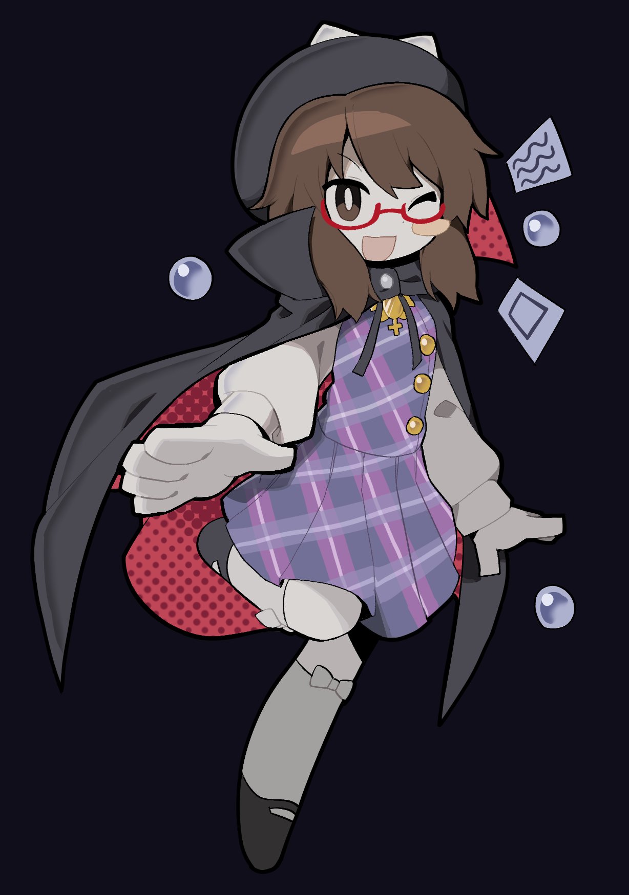 kokum0tsu, usami sumireko, touhou, commentary, highres, redrawn, 1girl, black background, black cape, black hat, black shoes, blush stickers, bow, bow legwear, bright pupils, brown eyes, brown hair, cape, card, collared cape, dated commentary, dot nose, dress, full body, glasses, hair over shoulder, halftone, happy, hat, hat bow, high collar, kneehighs, leg up, long hair, long sleeves, looking at viewer, low twintails, mary janes, one eye closed, open mouth, orb, plaid clothes, plaid dress, pleated dress, puffy long sleeves, puffy sleeves, purple dress, red-framed eyewear, red cape, shirt, shirt under dress, shoes, short dress, short twintails, simple background, single blush sticker, sleeveless, sleeveless dress, smile, socks, solo, standing, twintails, two-sided cape, two-sided fabric, white bow, white pupils, white shirt, white socks