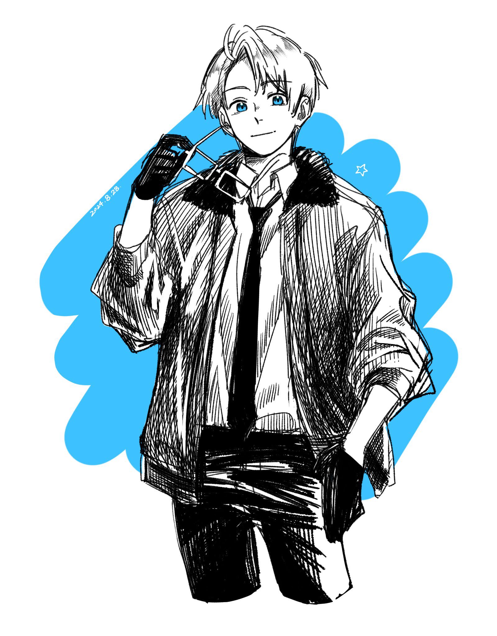 saiki illust2, america (hetalia), axis powers hetalia, commentary request, highres, 1boy, arm up, blue eyes, bomber jacket, closed mouth, collared shirt, cropped legs, glasses, gloves, holding, holding removed eyewear, jacket, looking at viewer, male focus, necktie, no eyewear, open collar, pants, parted hair, shirt, short hair, smile, solo, spot color, unworn eyewear, white background